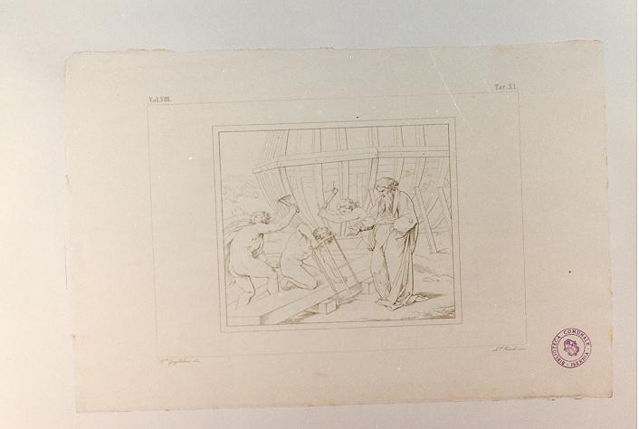COSTRUZIONE DELL'ARCA DI NOE' (stampa tagliata, serie) di Sanzio Raffaello, Piroli Luigi M, Guglielmi Paolo (sec. XIX)