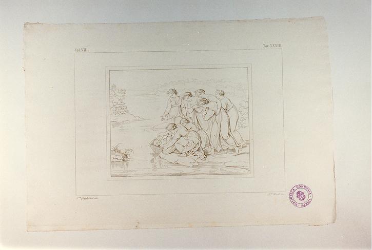 MOSE' SALVATO DALLE ACQUE (stampa tagliata, serie) di Sanzio Raffaello, Piroli Luigi M, Guglielmi Paolo (sec. XIX)