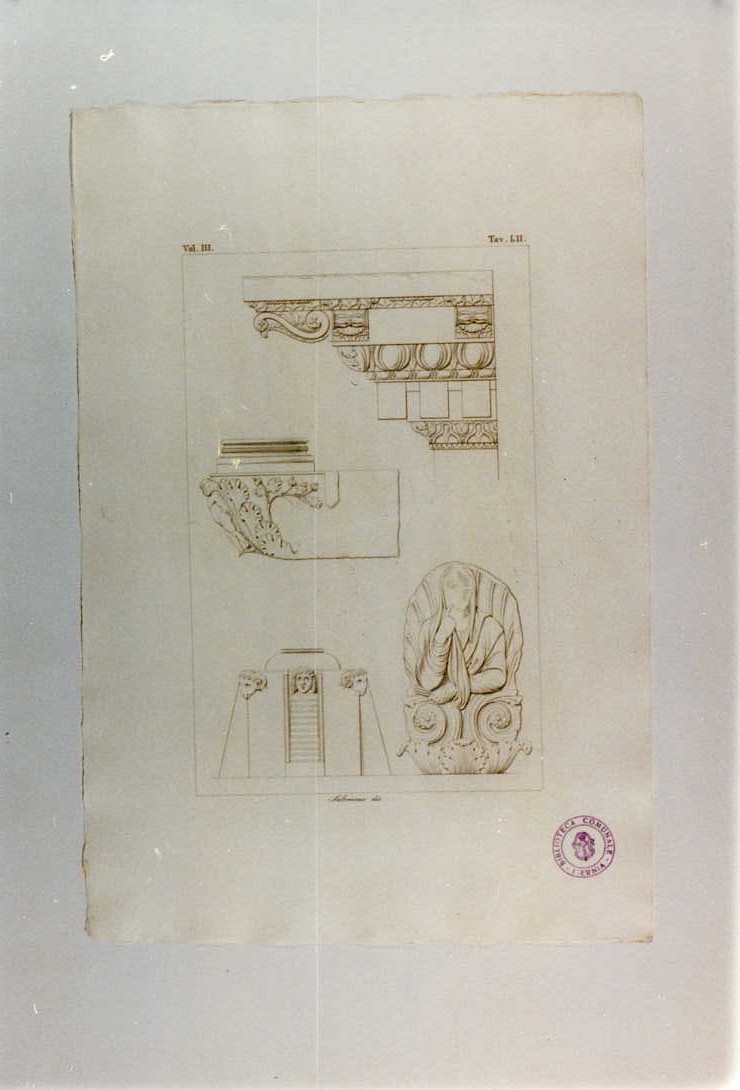 FRAMMENTI DI DECORAZIONI E SCULTURA ROMANA (stampa smarginata, serie) di Salomone Vincenzo (sec. XIX)
