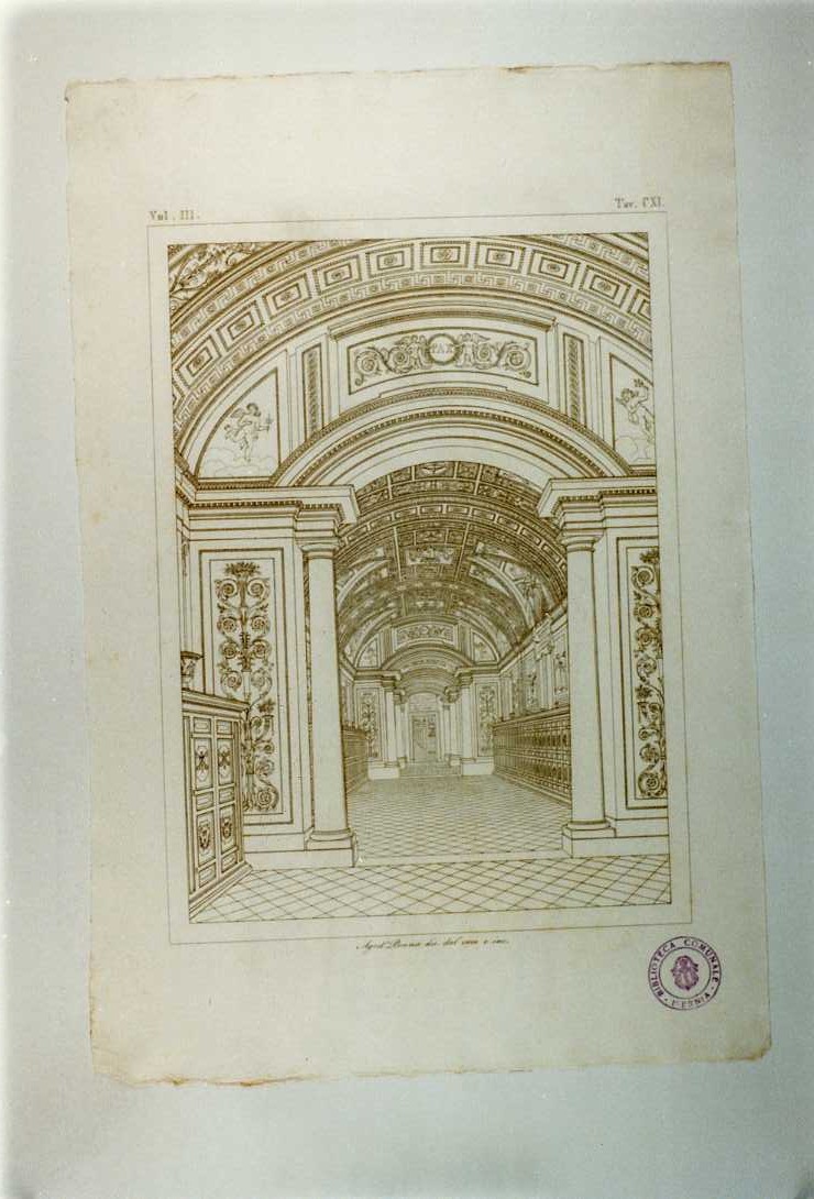 VEDUTA PROSPETTICA DELLA STANZA DEI PAPIRI IN VATICANO (stampa smarginata, serie) di Penna Agostino (sec. XIX)