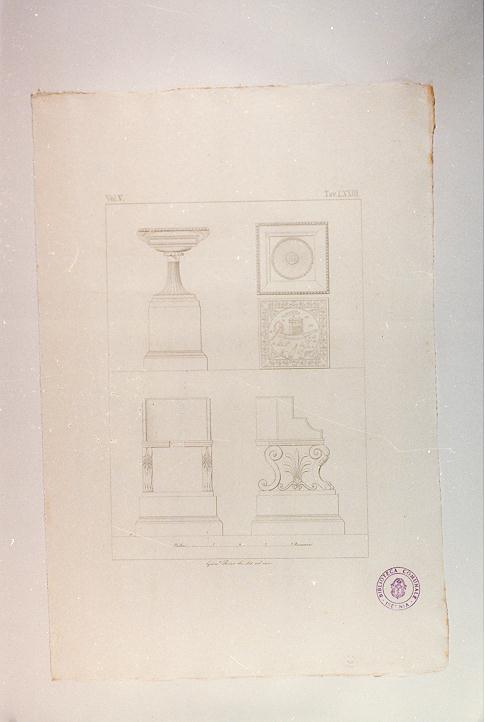 SEDILE IN MARMO CON DECORAZIONI (stampa smarginata, serie) di Bianchi Giuseppe (sec. XIX)