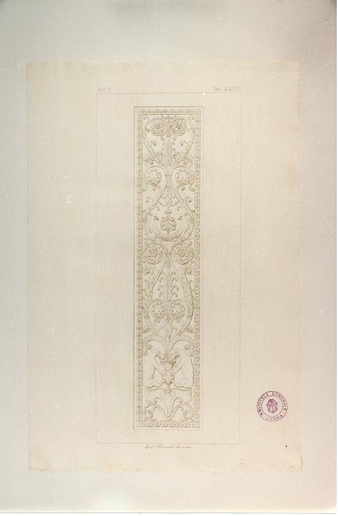LAPIDE IN MARMO CON RILIEVI E GROTTESCHE (stampa smarginata, serie) di Bianchi Giuseppe (sec. XIX)