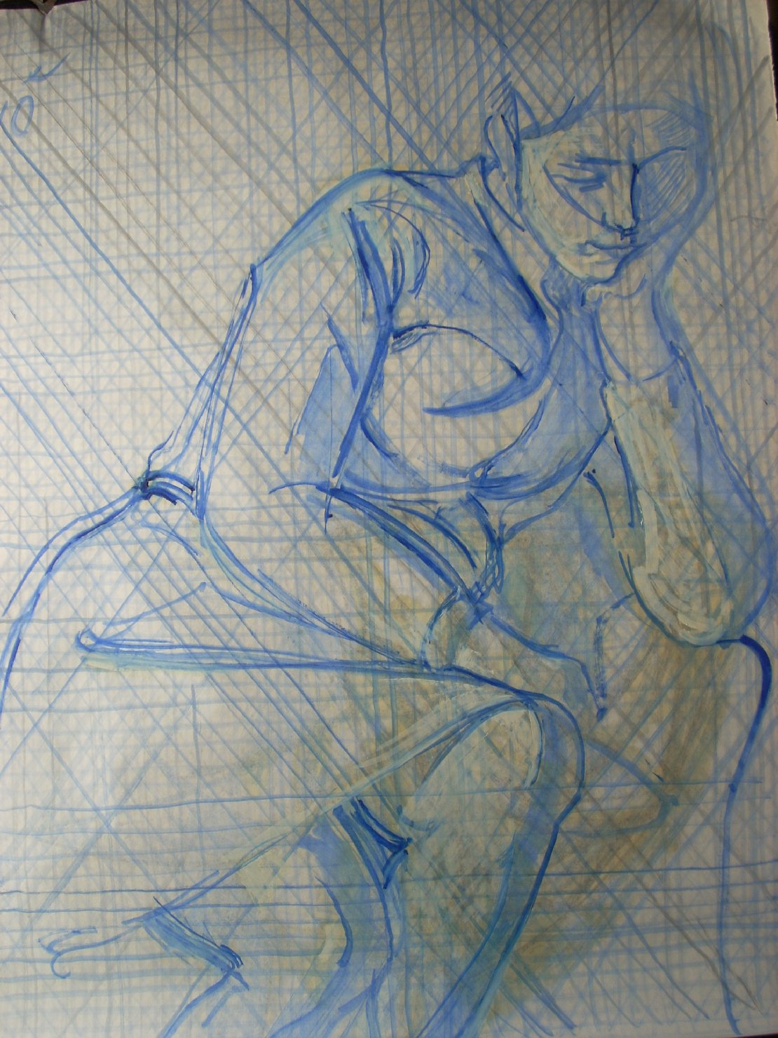 Garconne pensierosa in blu, figura femminile seduta (disegno) di Ciamarra Elena (sec. XX)