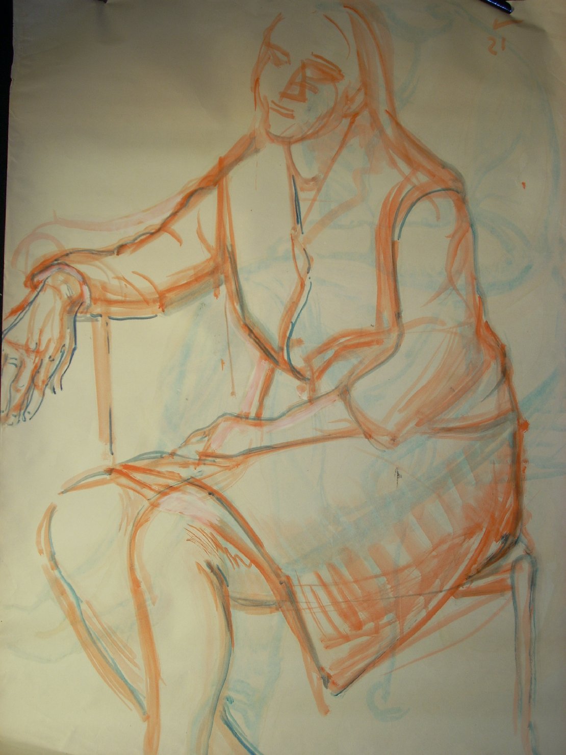 Schizzo in nero e arancio 2, figura femminile seduta (disegno) di Ciamarra Elena (sec. XX)