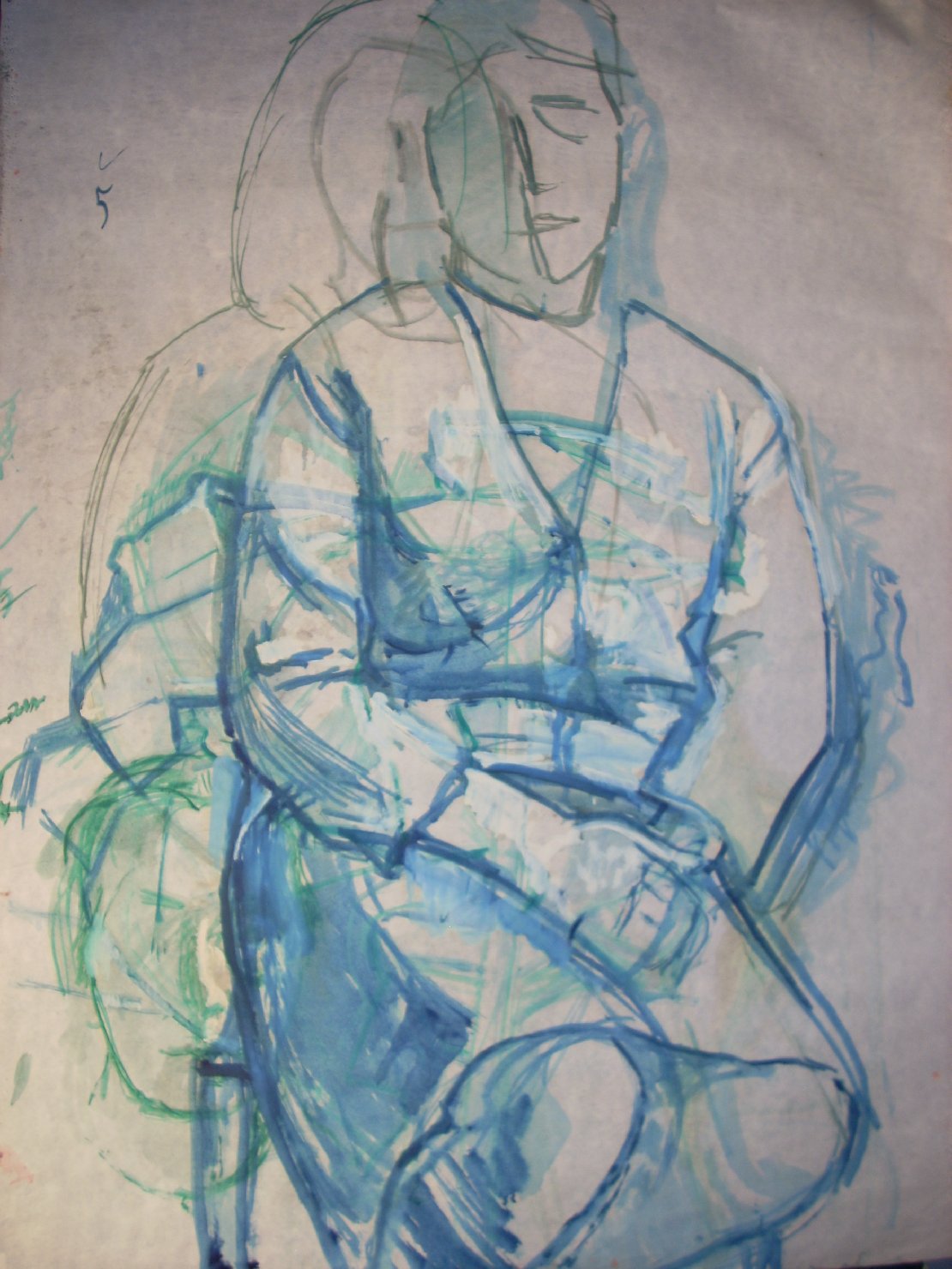 Schizzo in verde e blu, figura femminile seduta (disegno) di Ciamarra Elena (sec. XX)