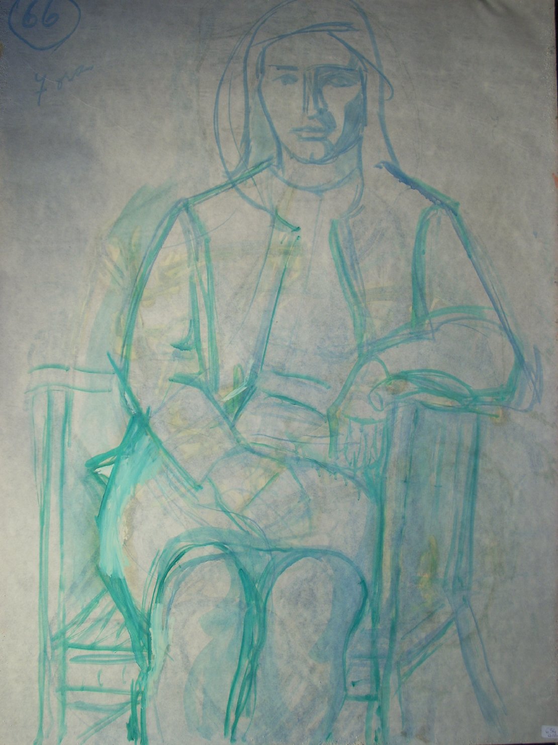 Schizzo in verde e blu 1, figura femminile seduta (disegno) di Ciamarra Elena (sec. XX)