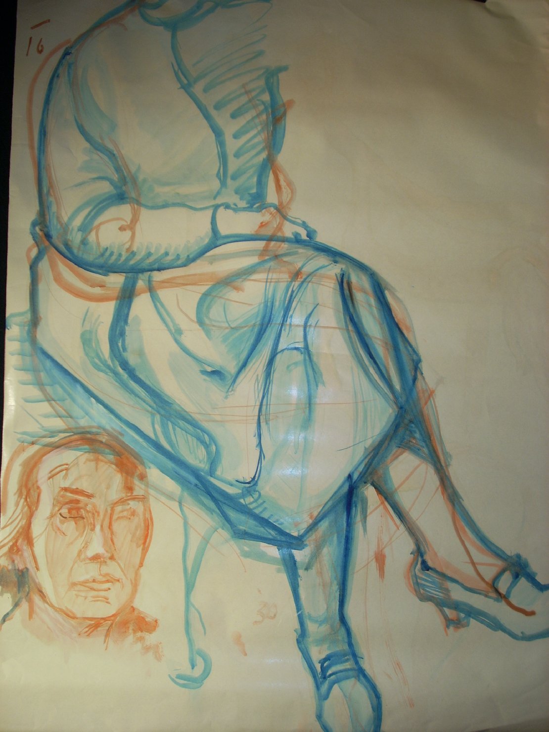 Schizzo in blu con autoritratto, figura femminile (disegno) di Ciamarra Elena (sec. XX)