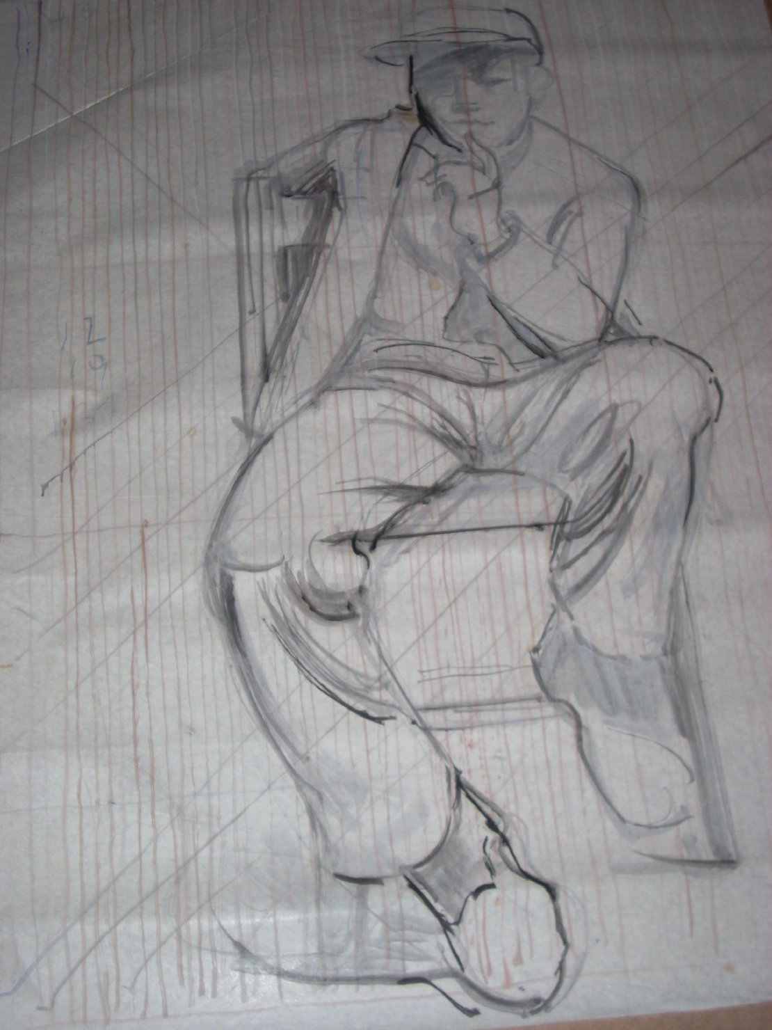 Schizzo di contadino in nero e grigio, figura maschile seduta (disegno) di Ciamarra Elena (sec. XX)