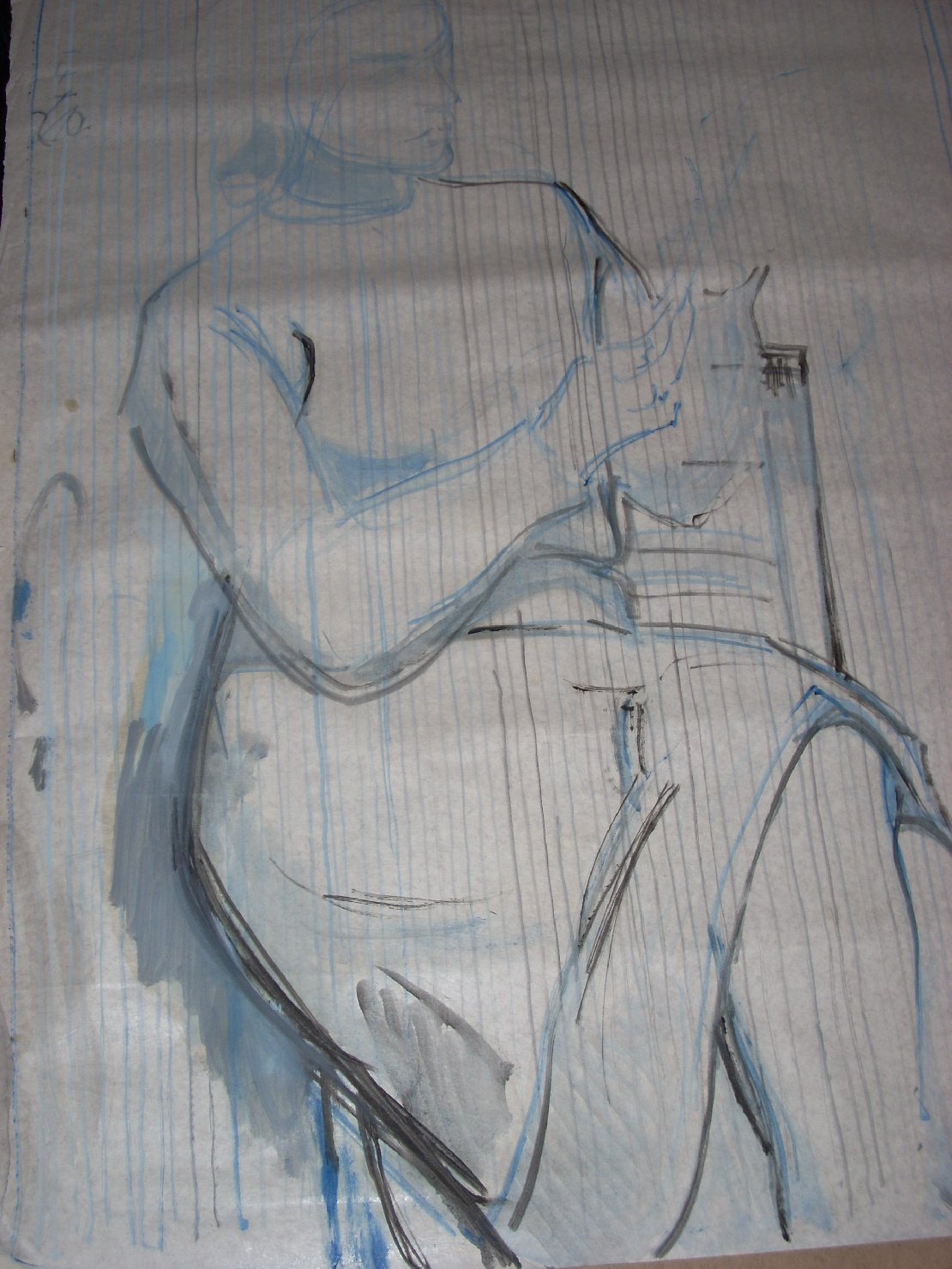 Schizzo di donna che legge in blu, figura femminile seduta (disegno) di Ciamarra Elena (sec. XX)