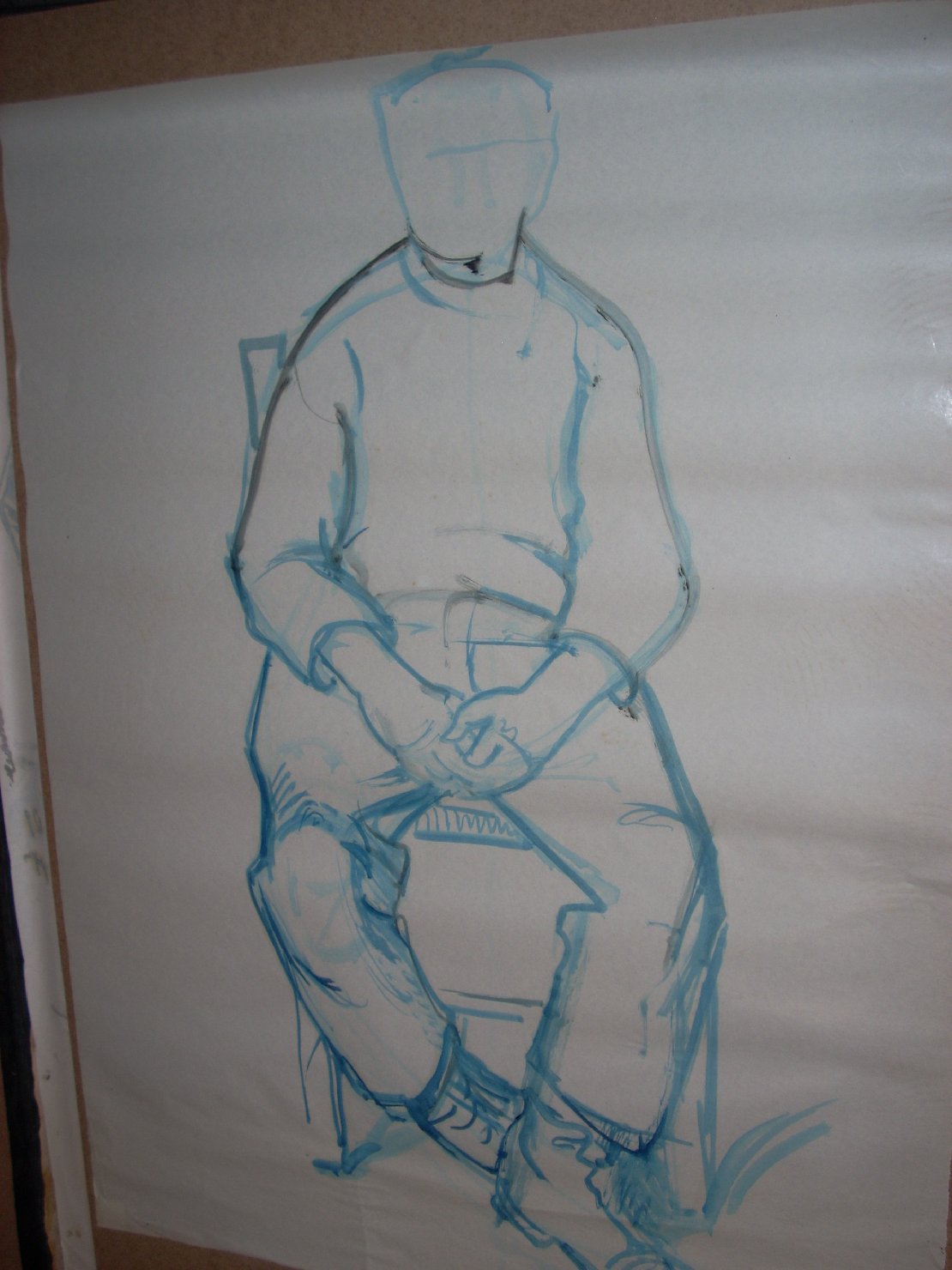 Schizzo di ragazzo con mani giunte in blu, figura maschile seduta (disegno) di Ciamarra Elena (sec. XX)