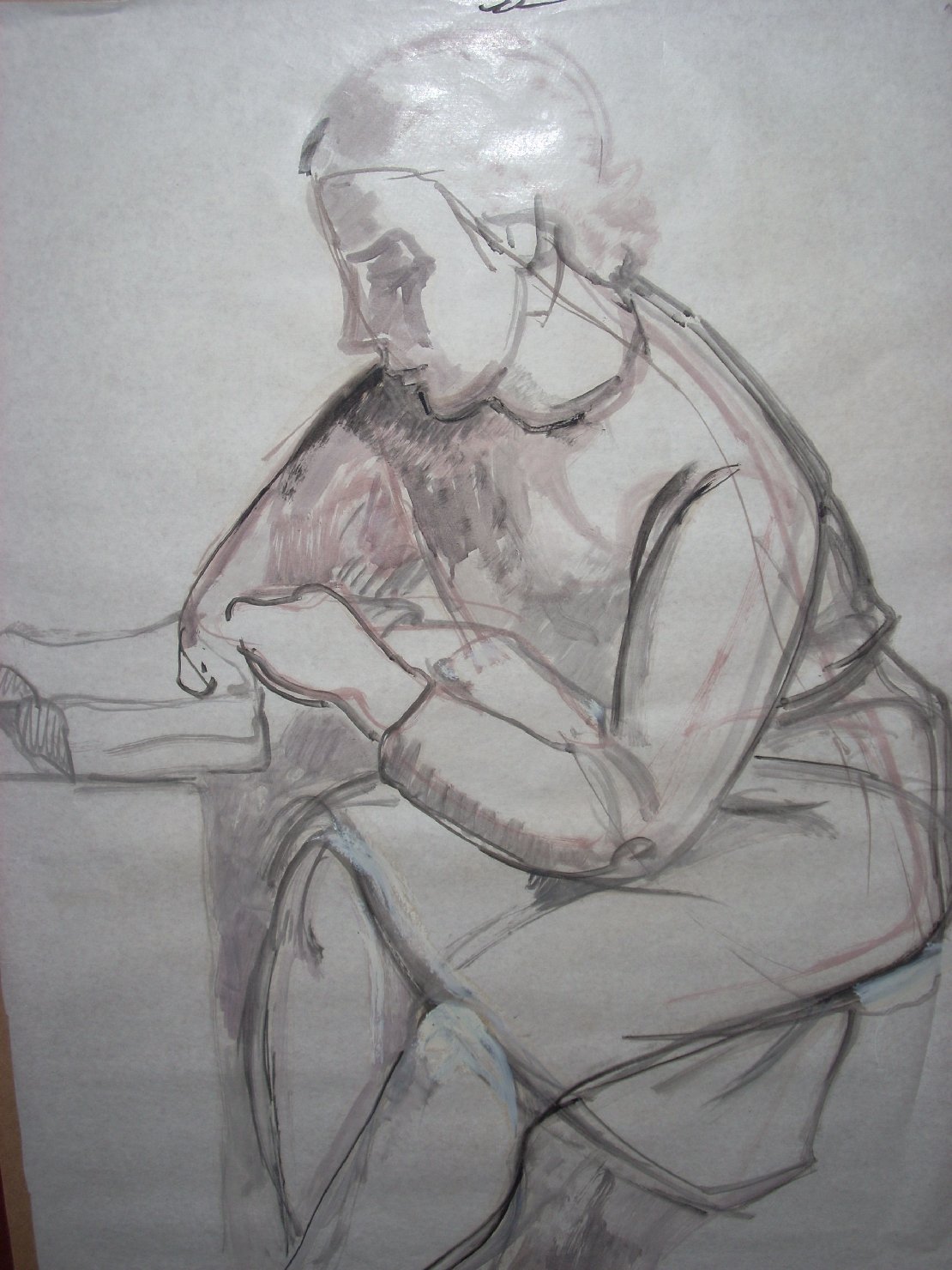 Lettrice in nero e rosa, figura femminile seduta (disegno) di Ciamarra Elena (sec. XX)