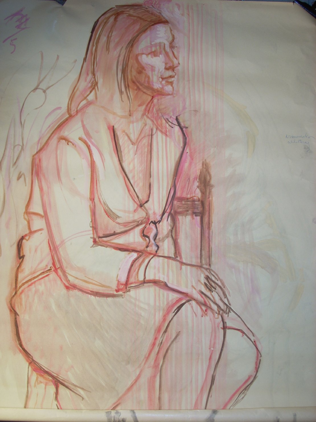 Schizzo in rosso, figura femminile seduta (disegno) di Ciamarra Elena (sec. XX)