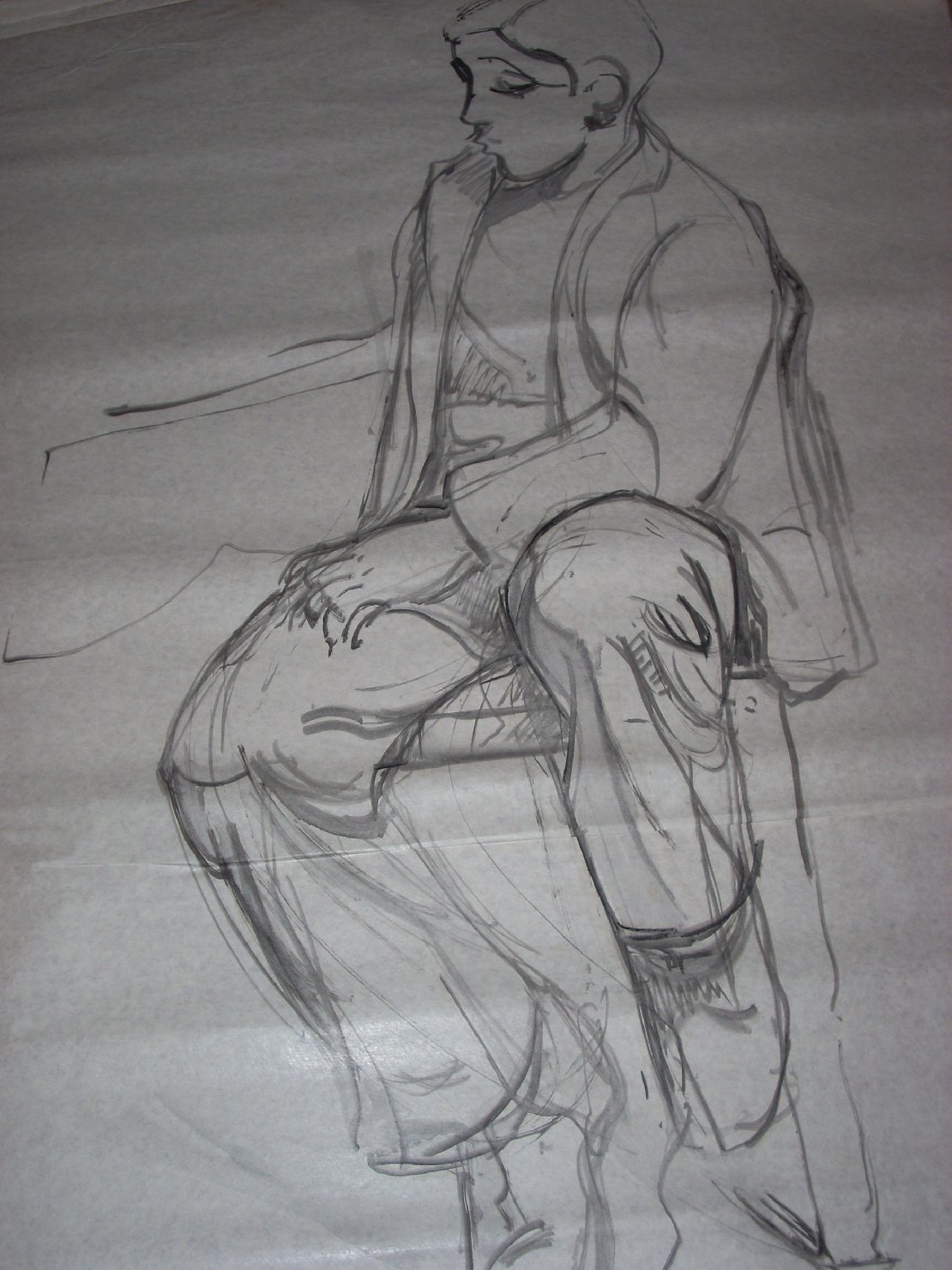 Uomo seduto in nero 2, figura maschile seduta (disegno) di Ciamarra Elena (sec. XX)