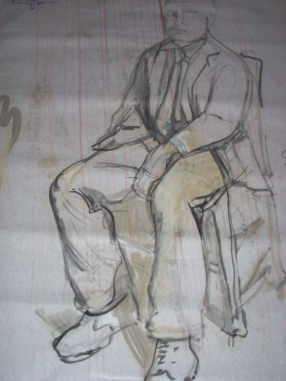 Uomo seduto in nero su fondo rosso, figura maschile seduta (disegno) di Ciamarra Elena (sec. XX)