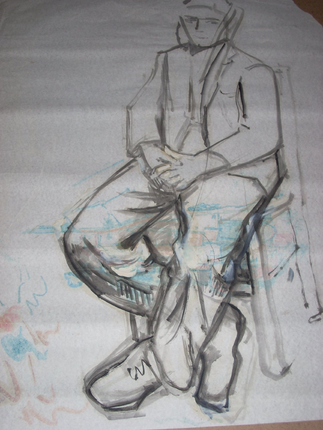 Schizzo di uomo in nero 3, figura maschile seduta (disegno) di Ciamarra Elena (sec. XX)