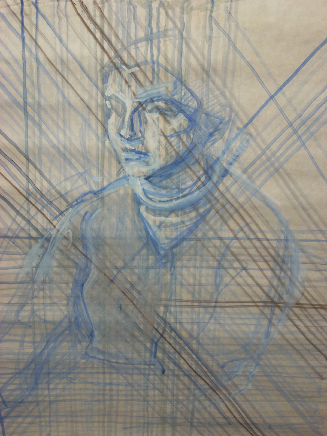 Principio di ragazzo in blu, figura maschile seduta (disegno) di Ciamarra Elena (sec. XX)