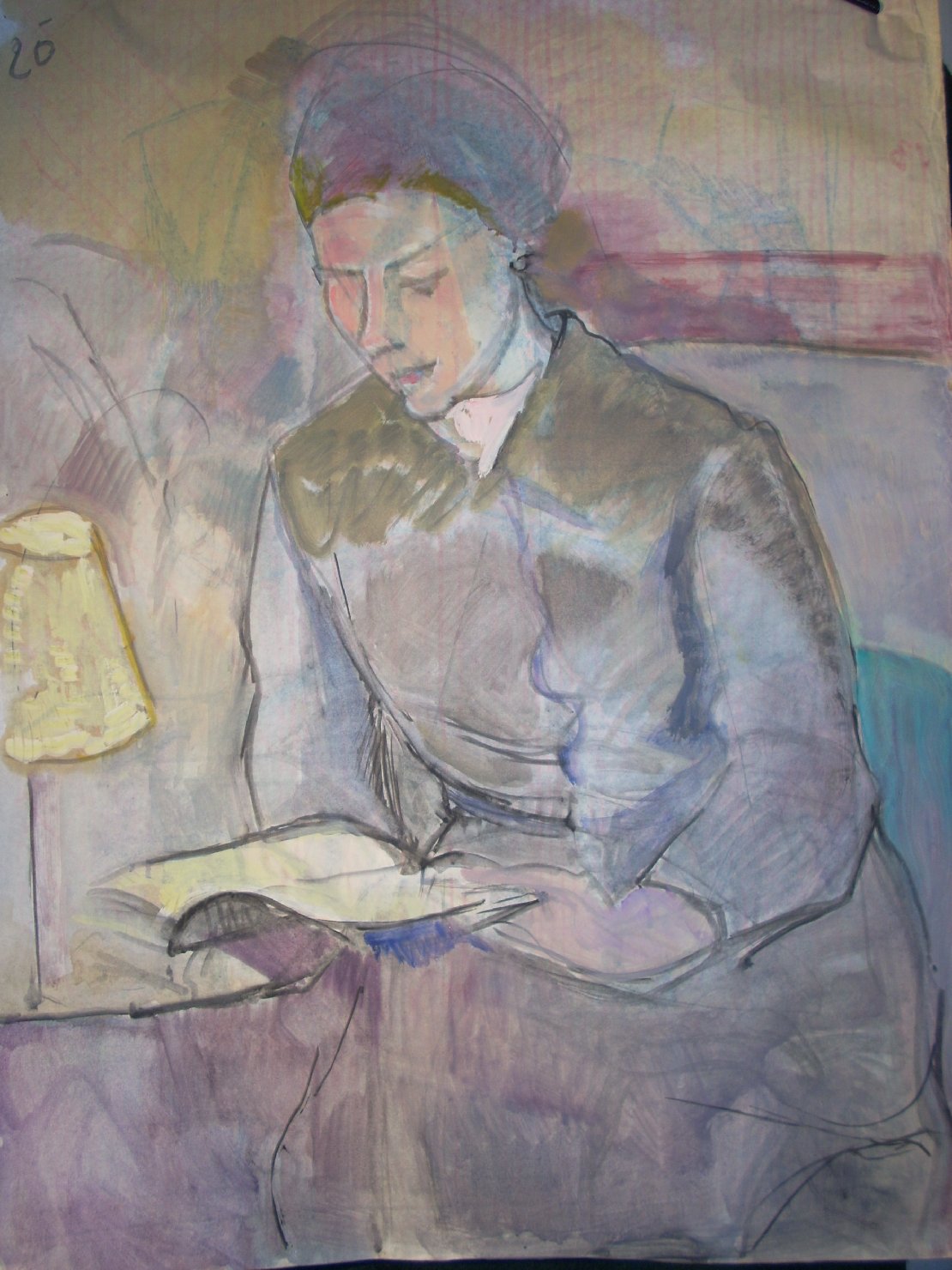 Ritratto con libro e lampada, figura femminile seduta (disegno) di Ciamarra Elena (sec. XX)