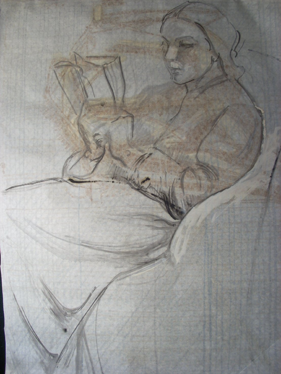 Schizzo in marrone e nero, figura femminile seduta (disegno) di Ciamarra Elena (sec. XX)