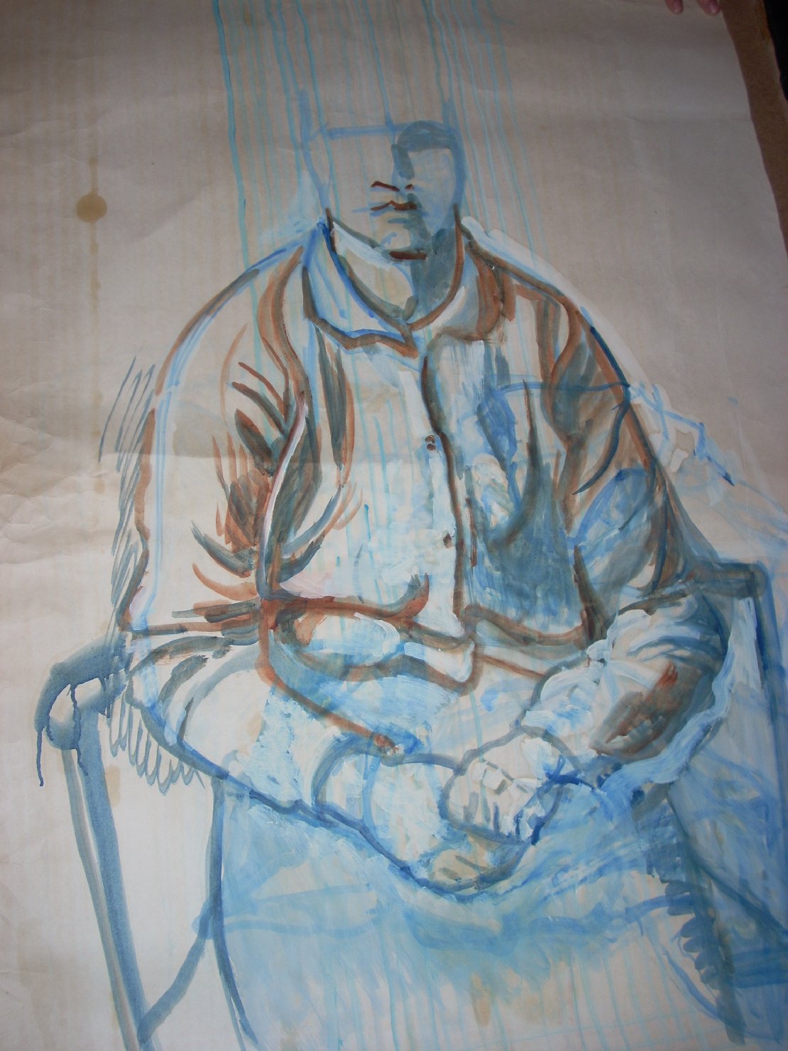 Personaggio acefalo in blu e marrone, figura femminile seduta (disegno) di Ciamarra Elena (sec. XX)