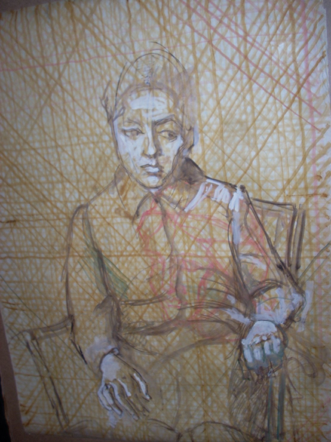 Bambino in marrone su fondo giallo, figura maschile seduta (disegno) di Ciamarra Elena (sec. XX)