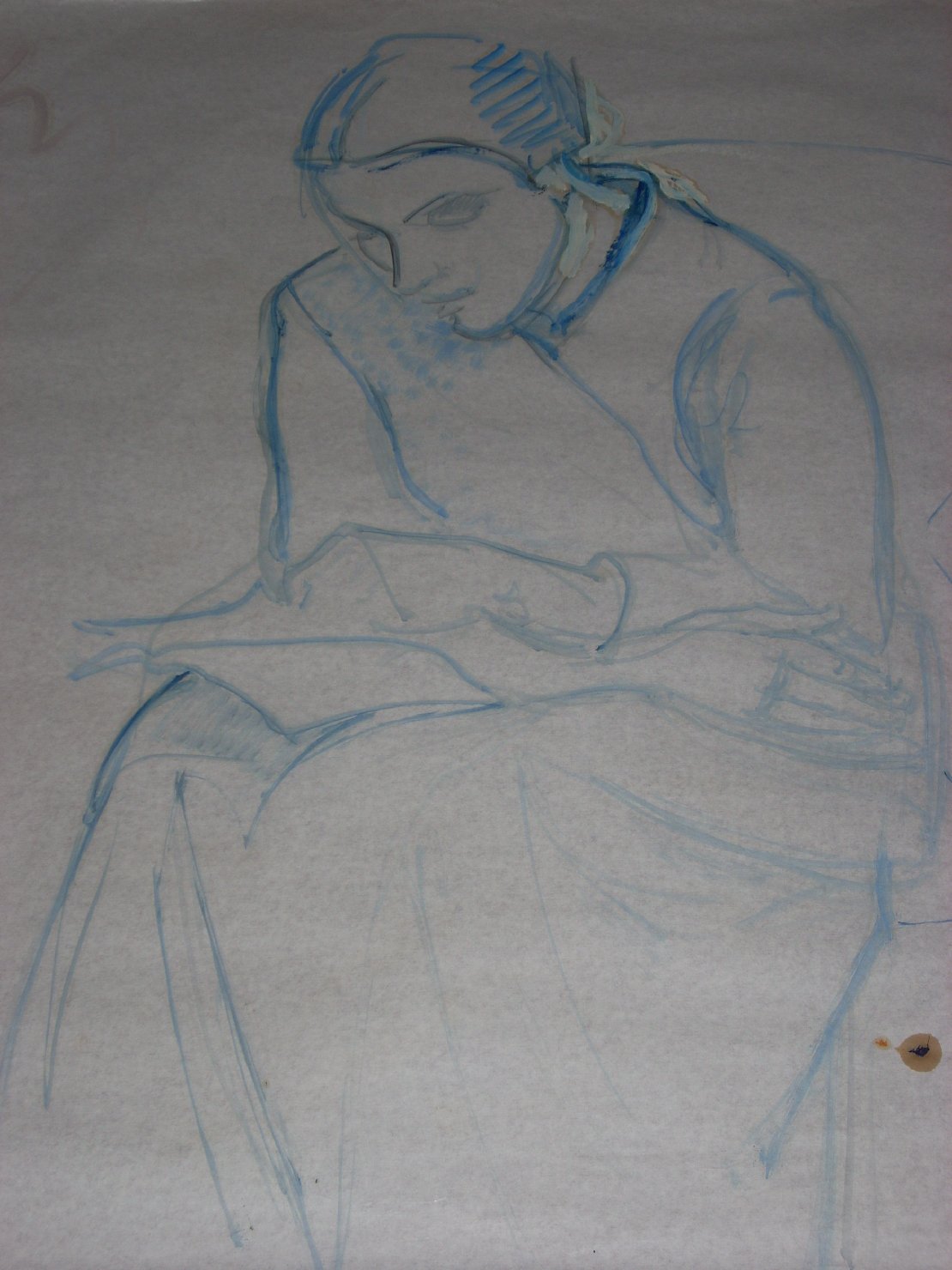Ombra blu di lettrice, figura femminile seduta (disegno) di Ciamarra Elena (sec. XX)