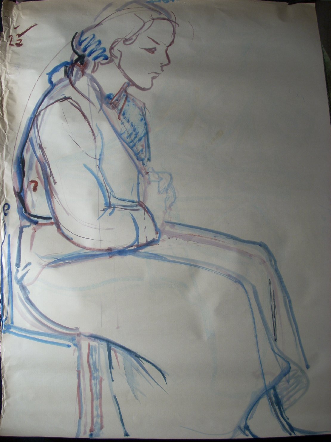 Schizzo in viola e blu, figura femminile seduta (disegno) di Ciamarra Elena (sec. XX)