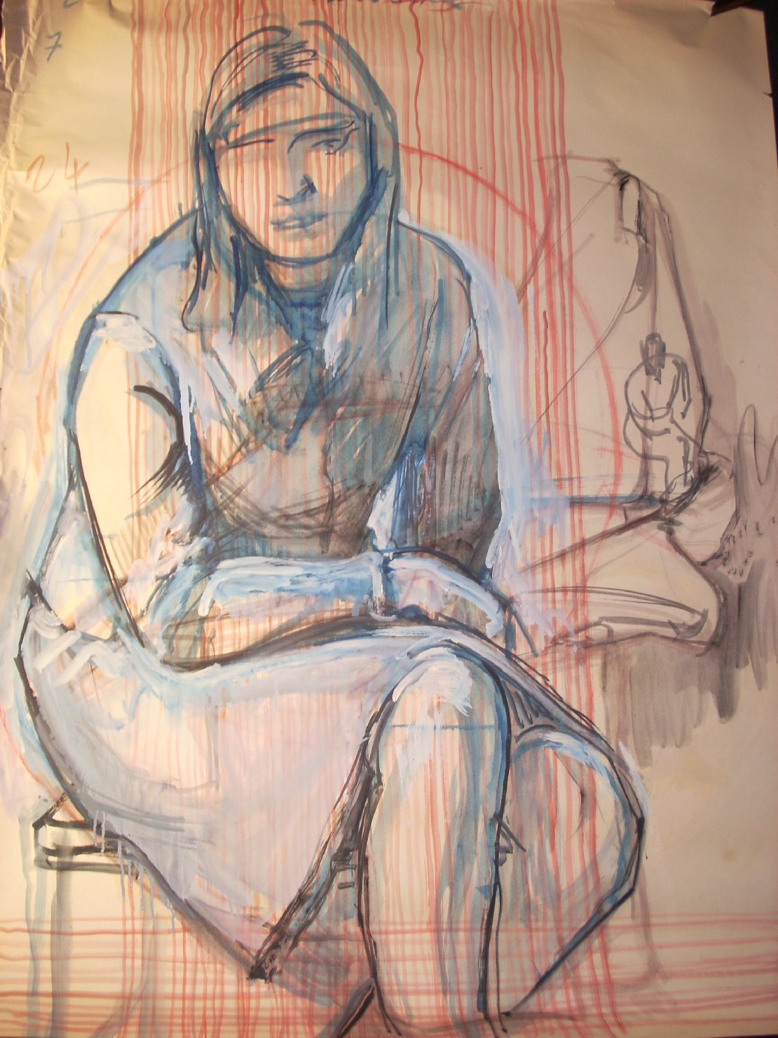 Schizzo in blu con piccolo abbozzo di figura maschile in grigio, figura femminile seduta (disegno) di Ciamarra Elena (sec. XX)