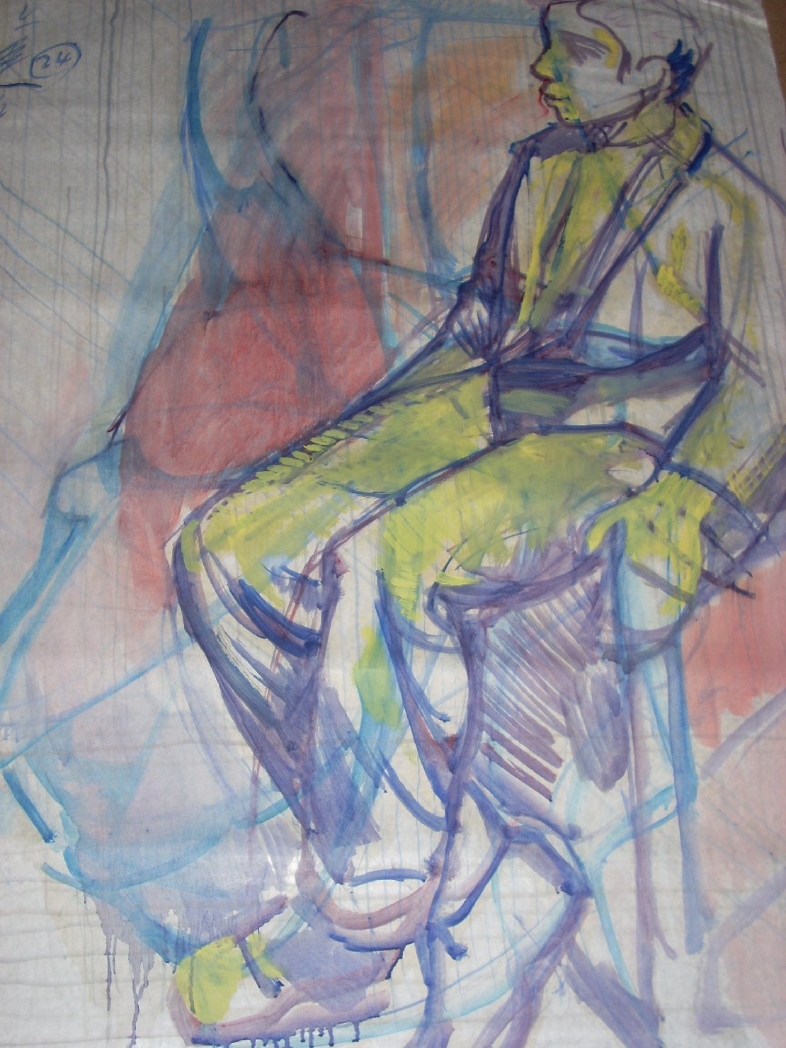 Uomo seduto in giallo, viola e rosso, figura maschile seduta (disegno) di Ciamarra Elena (sec. XX)