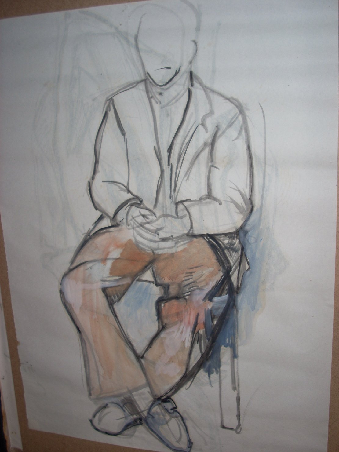 Uomo con pantaloni marroni, figura maschile seduta (disegno) di Ciamarra Elena (sec. XX)