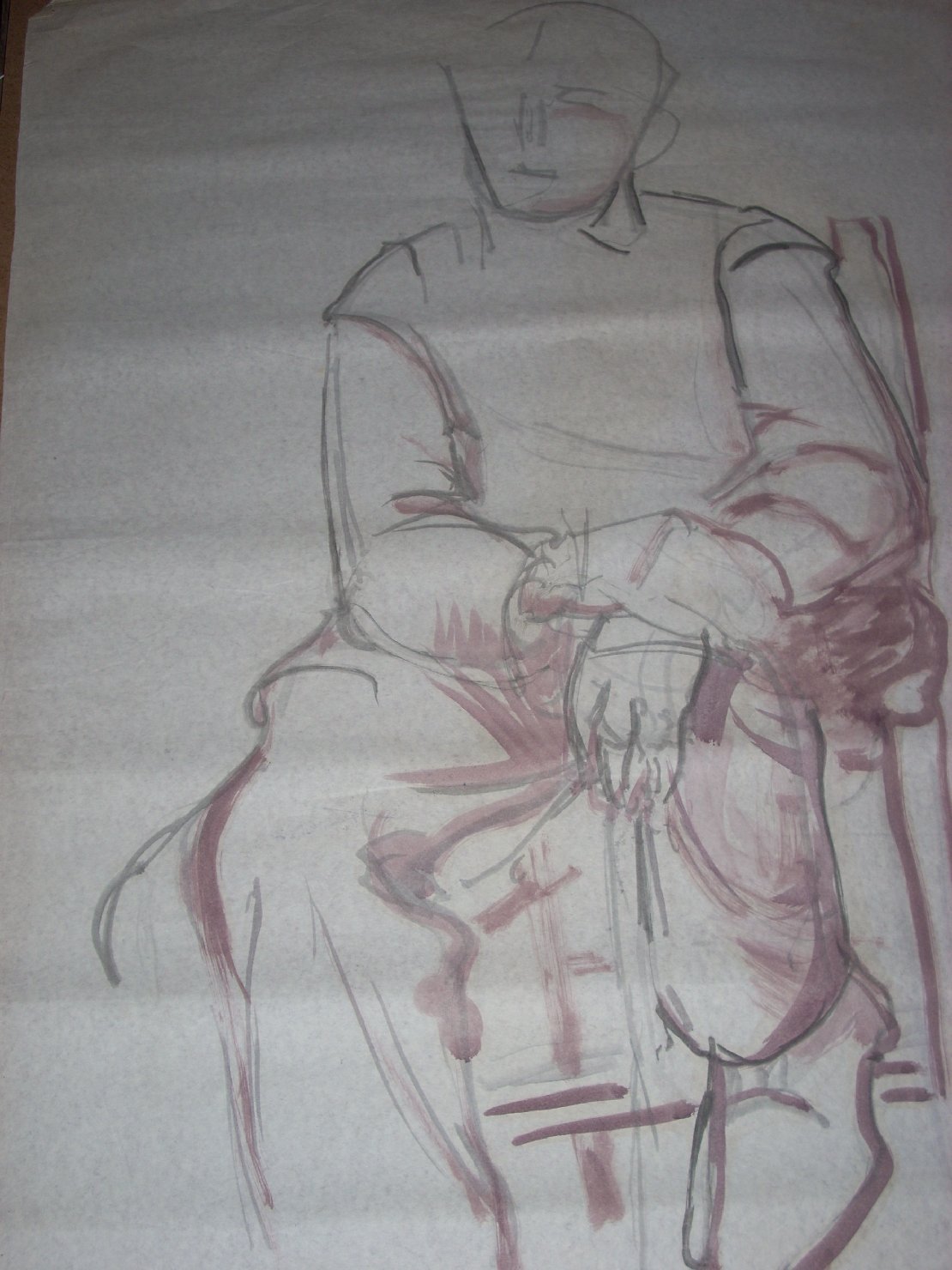Schizzo di uomo acefalo in marrone, figura maschile seduta (disegno) di Ciamarra Elena (sec. XX)
