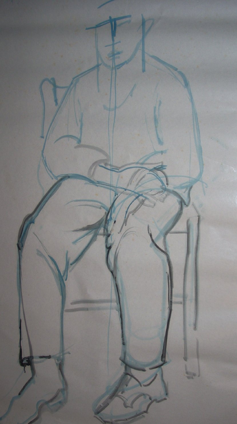 Schizzo di ragazzo in blu e nero, figura maschile seduta (disegno) di Ciamarra Elena (sec. XX)