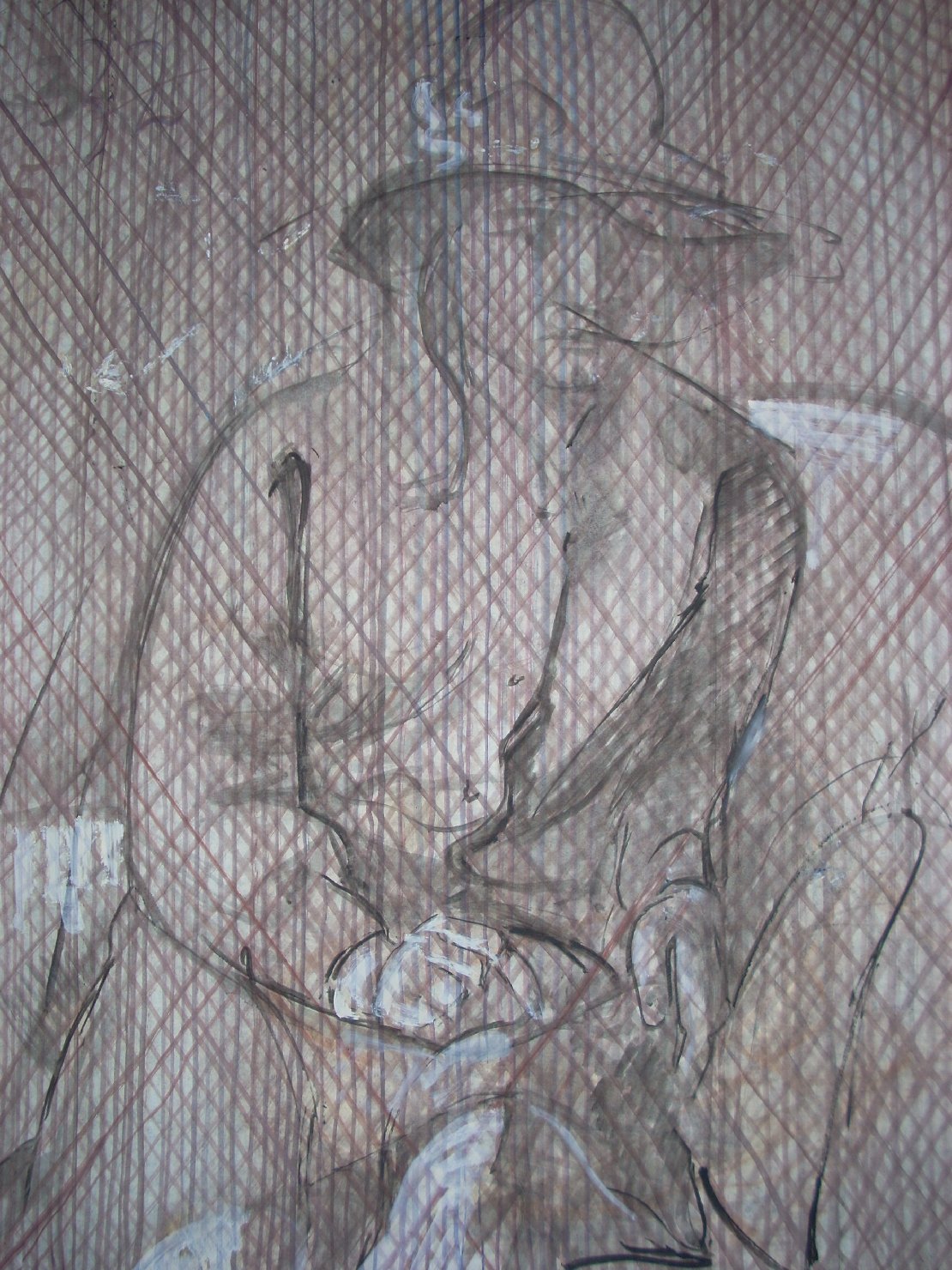 Donna con cappello su fondo terra di Siena, figura femminile seduta (disegno) di Ciamarra Elena (sec. XX)