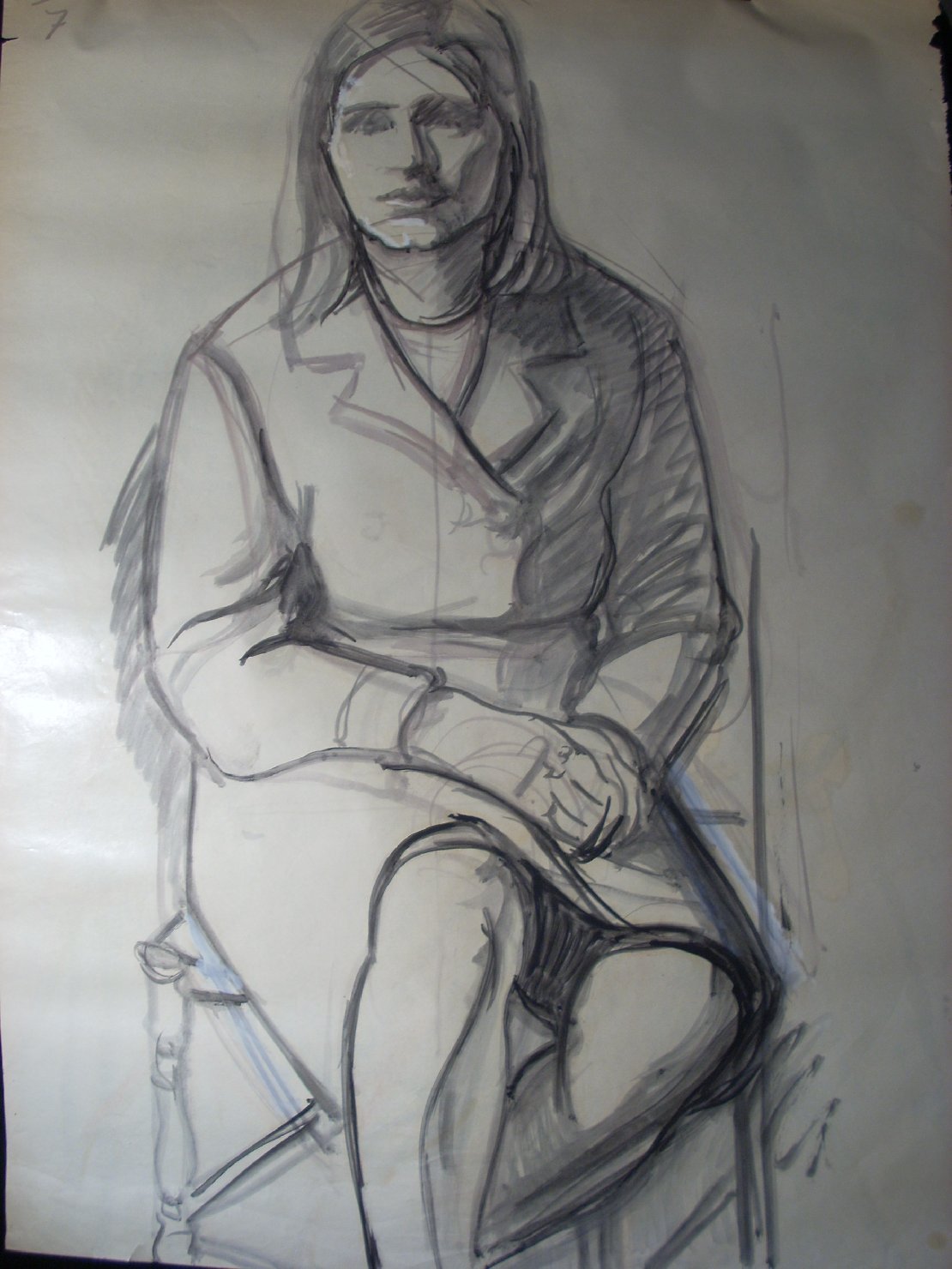 Schizzo di uomo acefalo con gambe allungate, figura maschile seduta (disegno) di Ciamarra Elena (sec. XX)