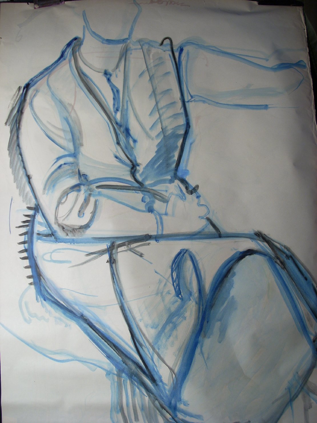 Schizzo in blu e nero 4, figura femminile seduta (disegno) di Ciamarra Elena (sec. XX)
