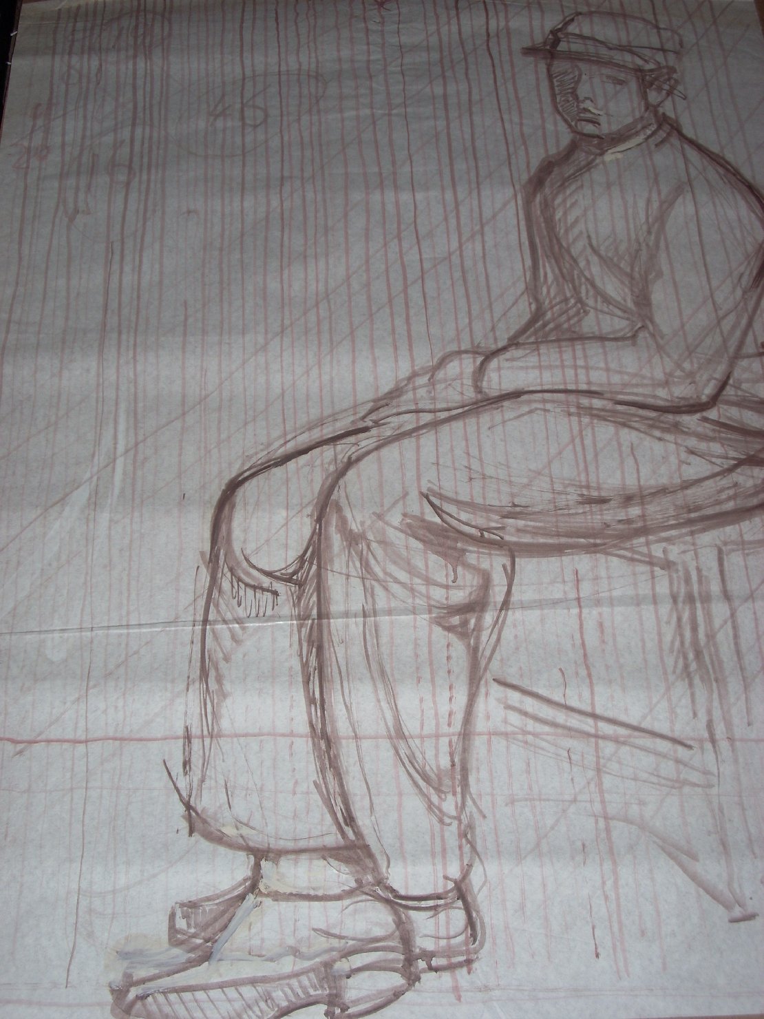 Ragazzo seduto in marrone, figura maschile seduta (disegno) di Ciamarra Elena (sec. XX)