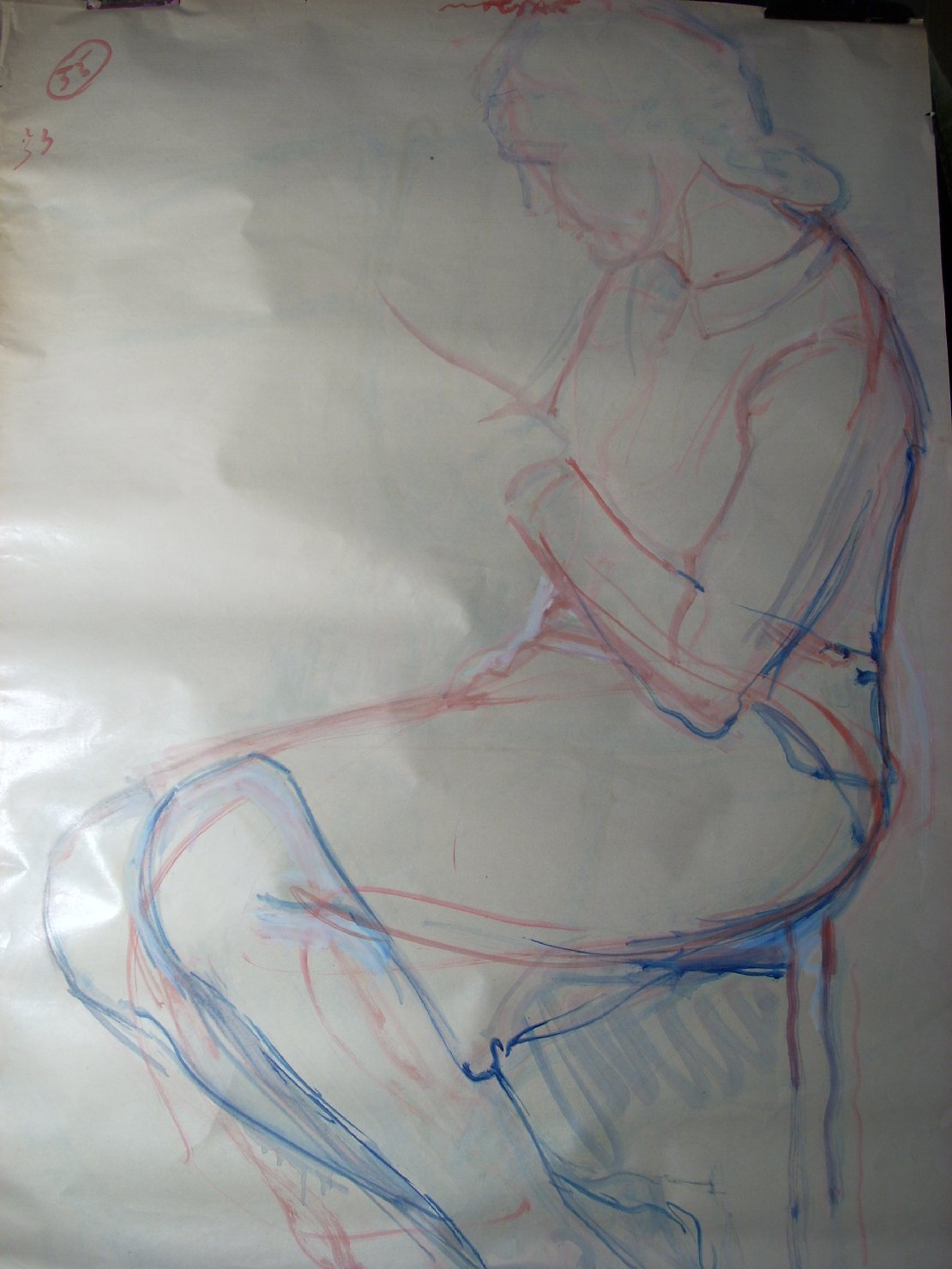 Schizzo in blu e rosa 4, figura femminile seduta (disegno) di Ciamarra Elena (sec. XX)