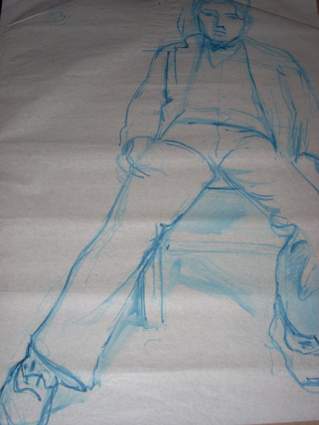 Ragazzo seduto in blu, figura maschile seduta (disegno) di Ciamarra Elena (sec. XX)