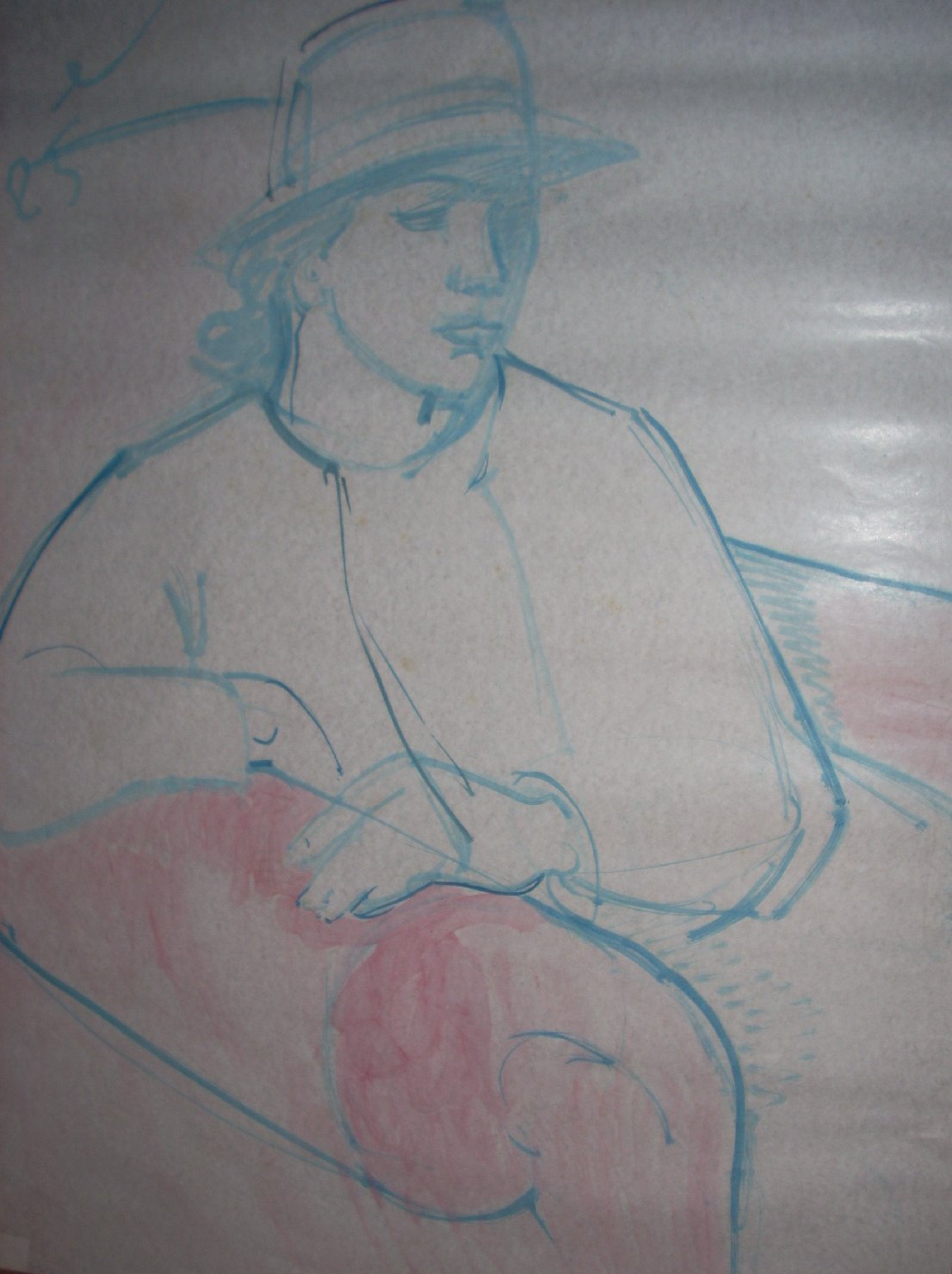 Ragazza con cappello e poltrona rosa, figura femminile seduta (disegno) di Ciamarra Elena (sec. XX)