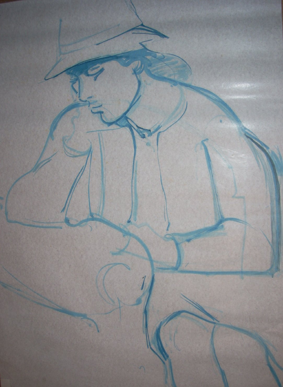 Ragazza con cappello su poltrona, figura femminile seduta (disegno) di Ciamarra Elena (sec. XX)