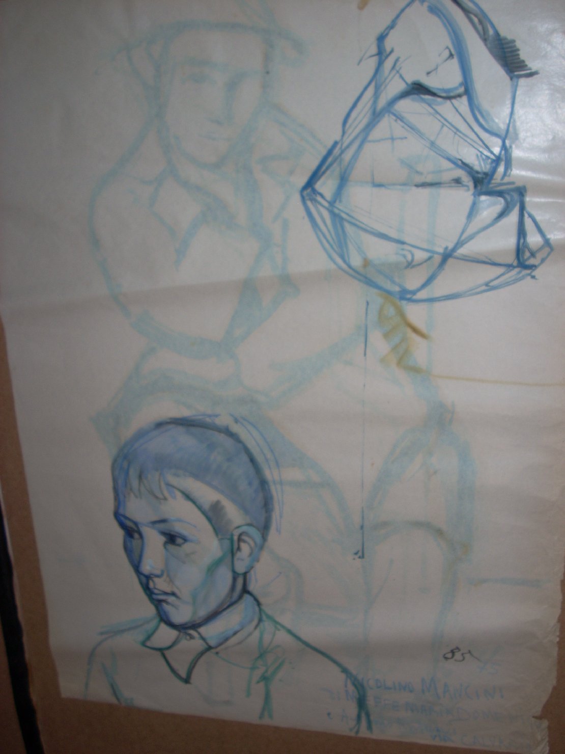 Studio di bambino e piega blu/verde, figura maschile seduta (disegno) di Ciamarra Elena (sec. XX)