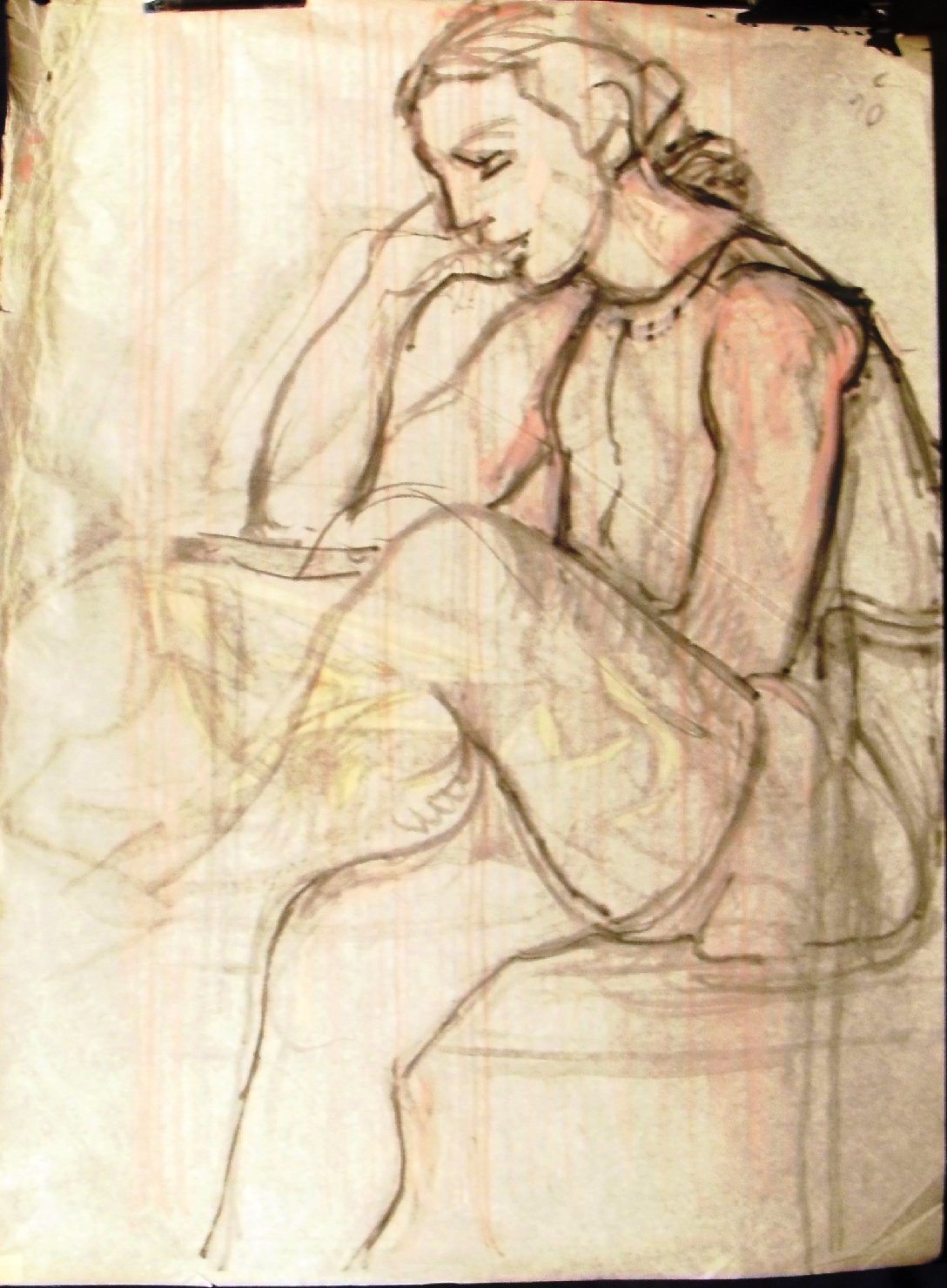 Schizzo in rosa e nero 1, figura femminile seduta (disegno) di Ciamarra Elena (sec. XX)