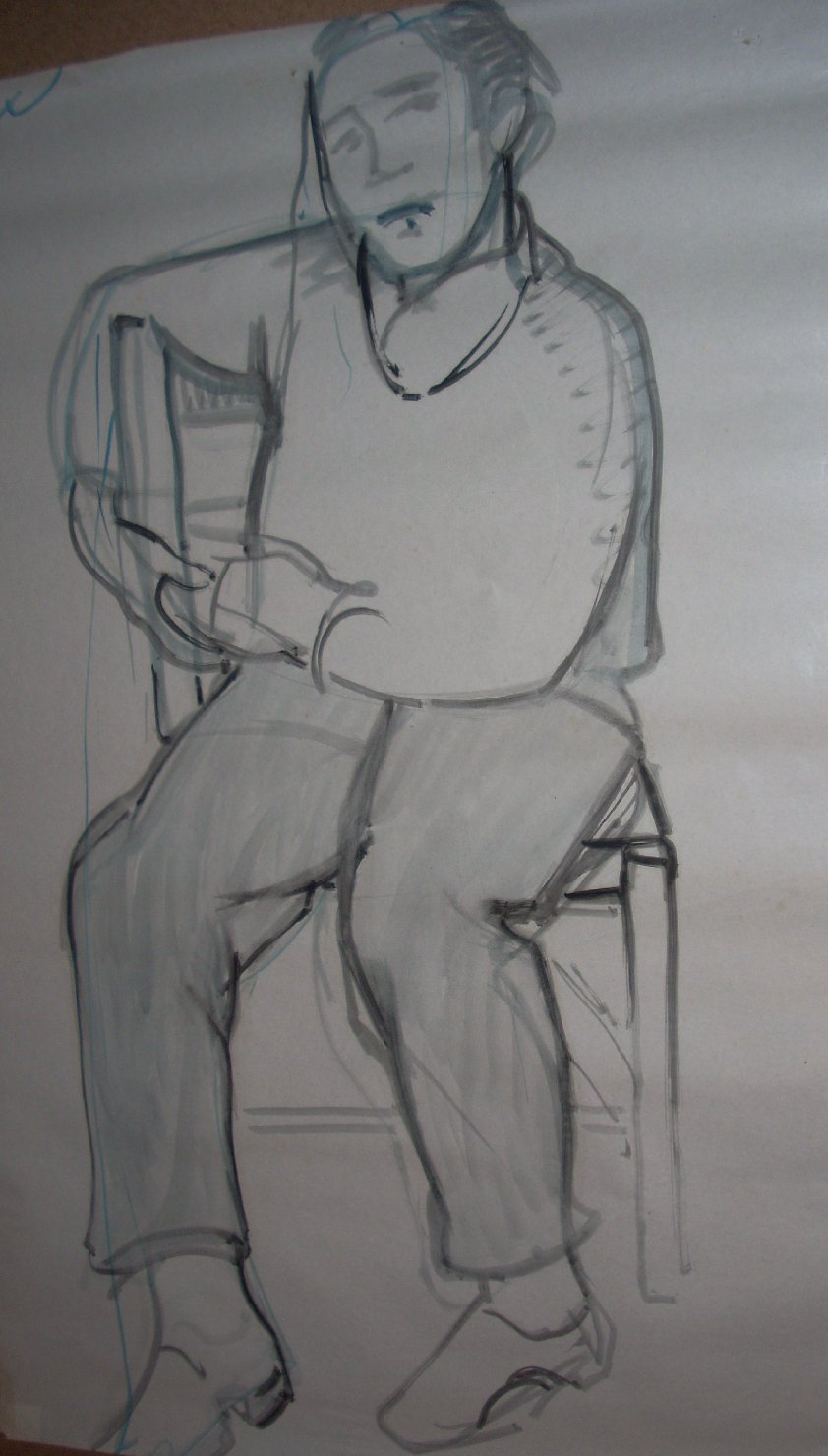 Ragazzo seduto in grigio, figura maschile seduta (disegno) di Ciamarra Elena (sec. XX)