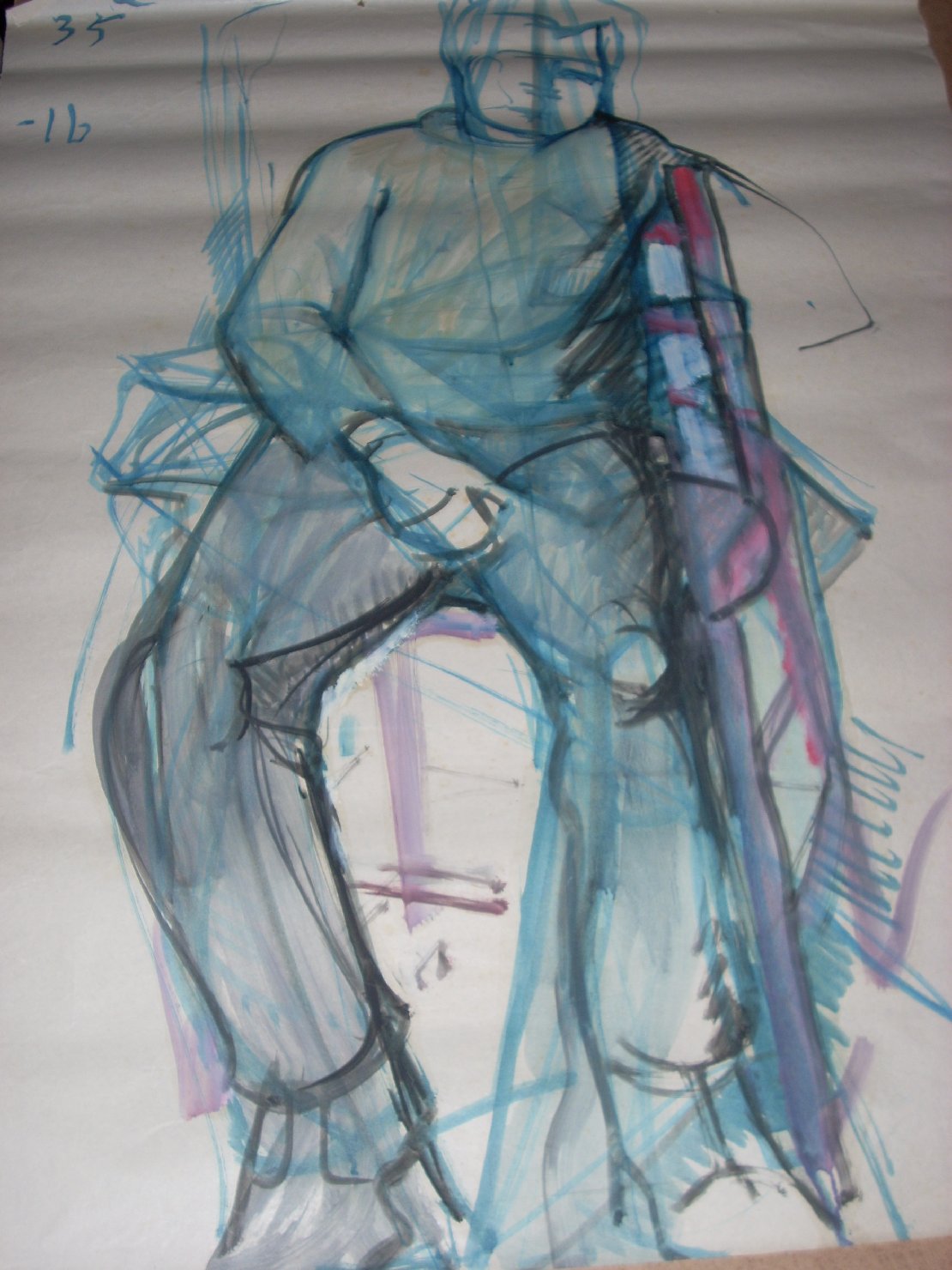 Uomo seduto in blu e fucsia, figura maschile seduta (disegno) di Ciamarra Elena (sec. XX)