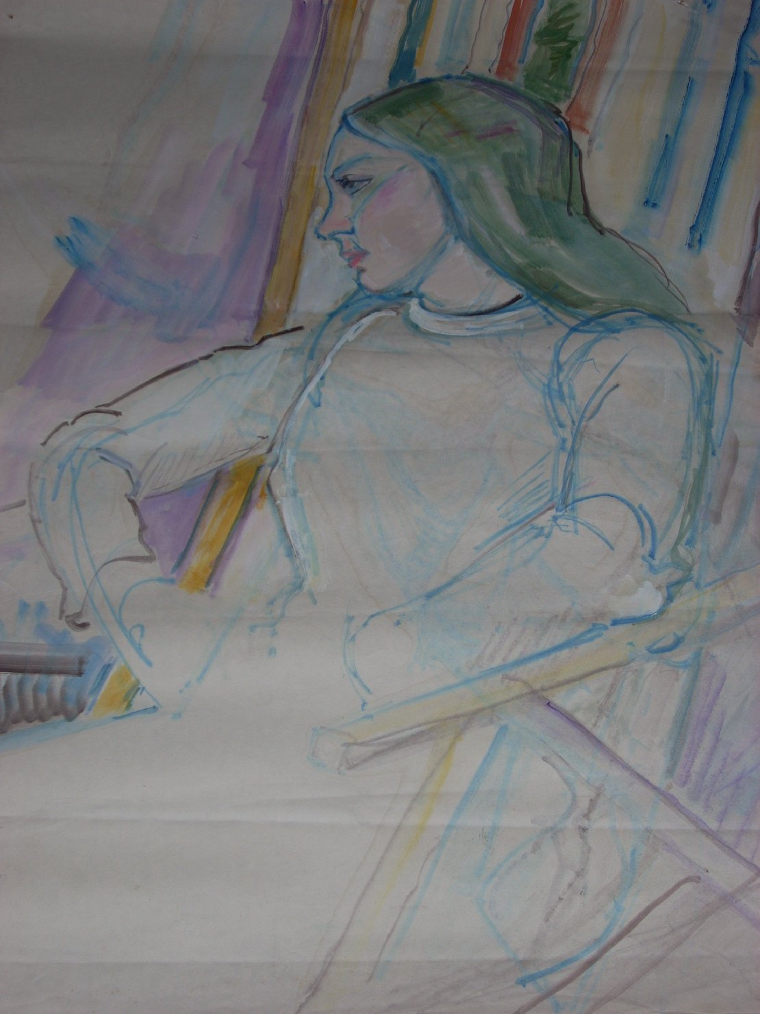 Ragazza arcobaleno, figura femminile seduta (disegno) di Ciamarra Elena (sec. XX)