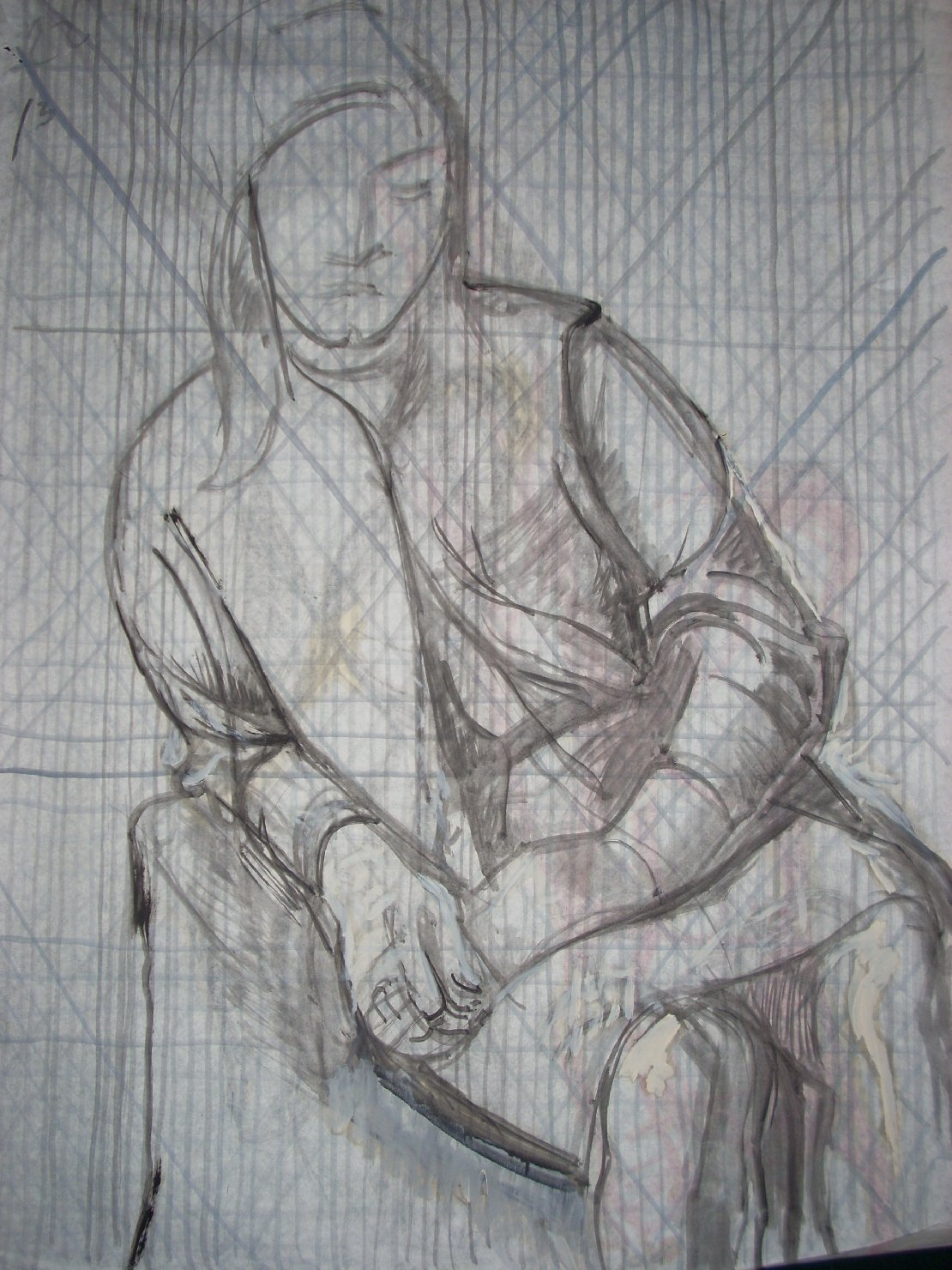 Donna con caschetto in nero su fondo grigio, figura femminile seduta (disegno) di Ciamarra Elena (sec. XX)