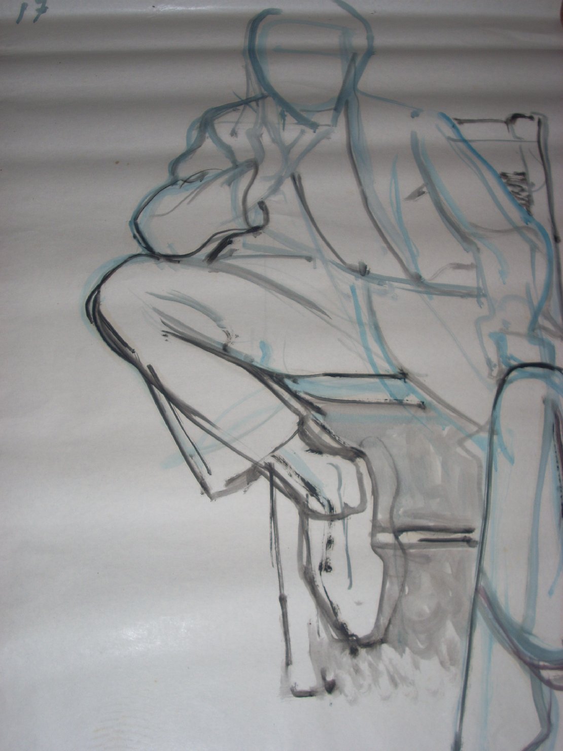 Uomo seduto in blu e nero, figura maschile seduta (disegno) di Ciamarra Elena (sec. XX)