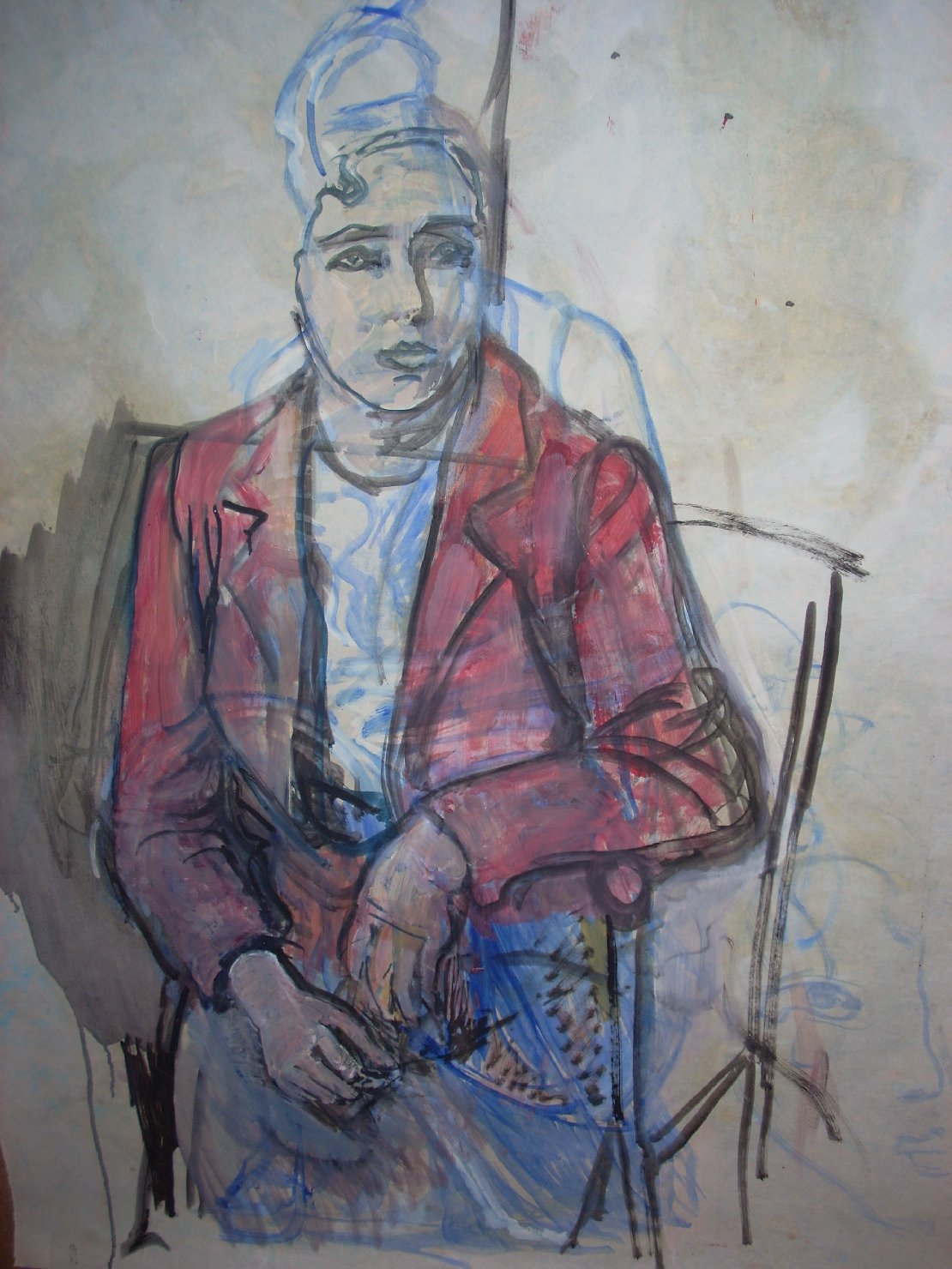Donna con completo rosso e blu sopra schizzo, figura femminile seduta (disegno) di Ciamarra Elena (sec. XX)
