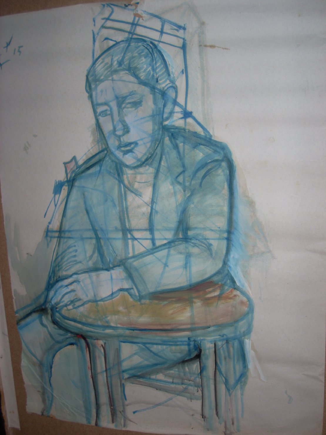 Ragazzo appoggiato a tavolo con viso azzurro, figura maschile seduta (disegno) di Ciamarra Elena (sec. XX)