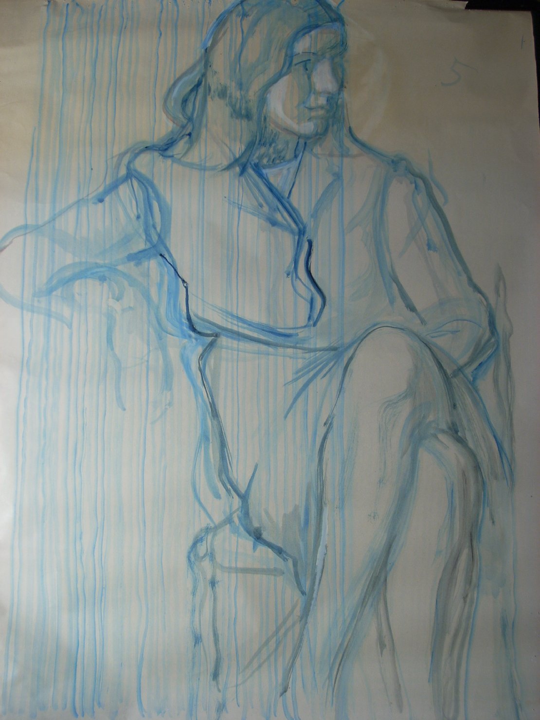Schizzo in blu 18, figura maschile seduta (disegno) di Ciamarra Elena (sec. XX)