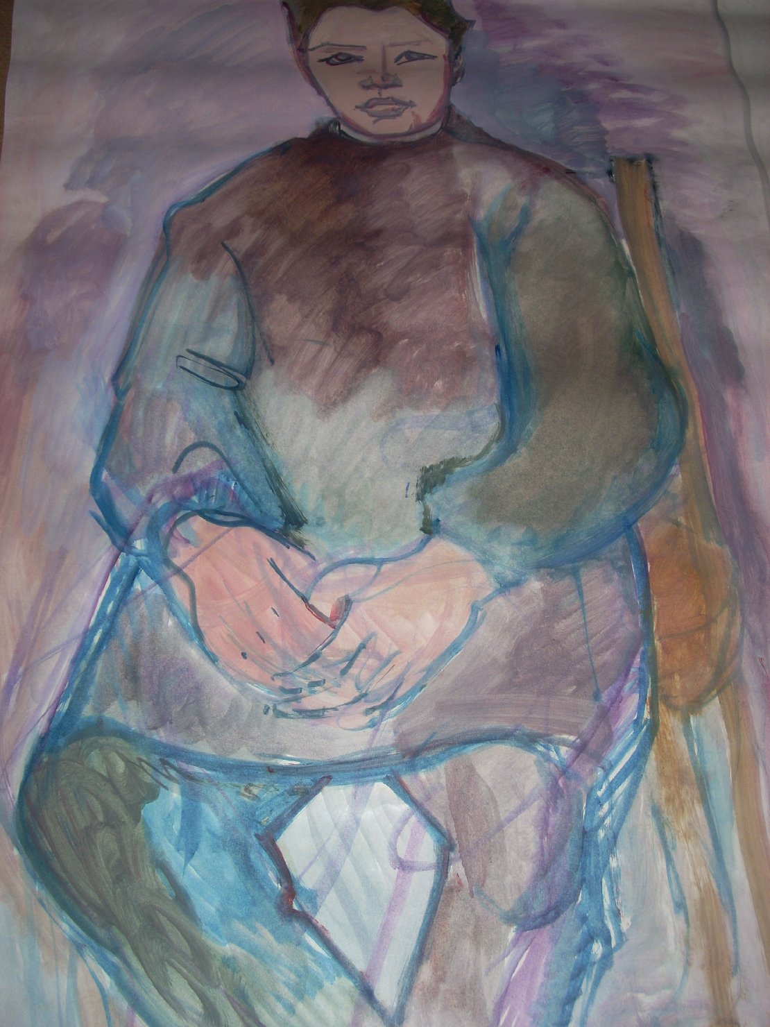 Schizzo di ragazzo seduto in rosa e blu, figura maschile seduta (disegno) di Ciamarra Elena (sec. XX)